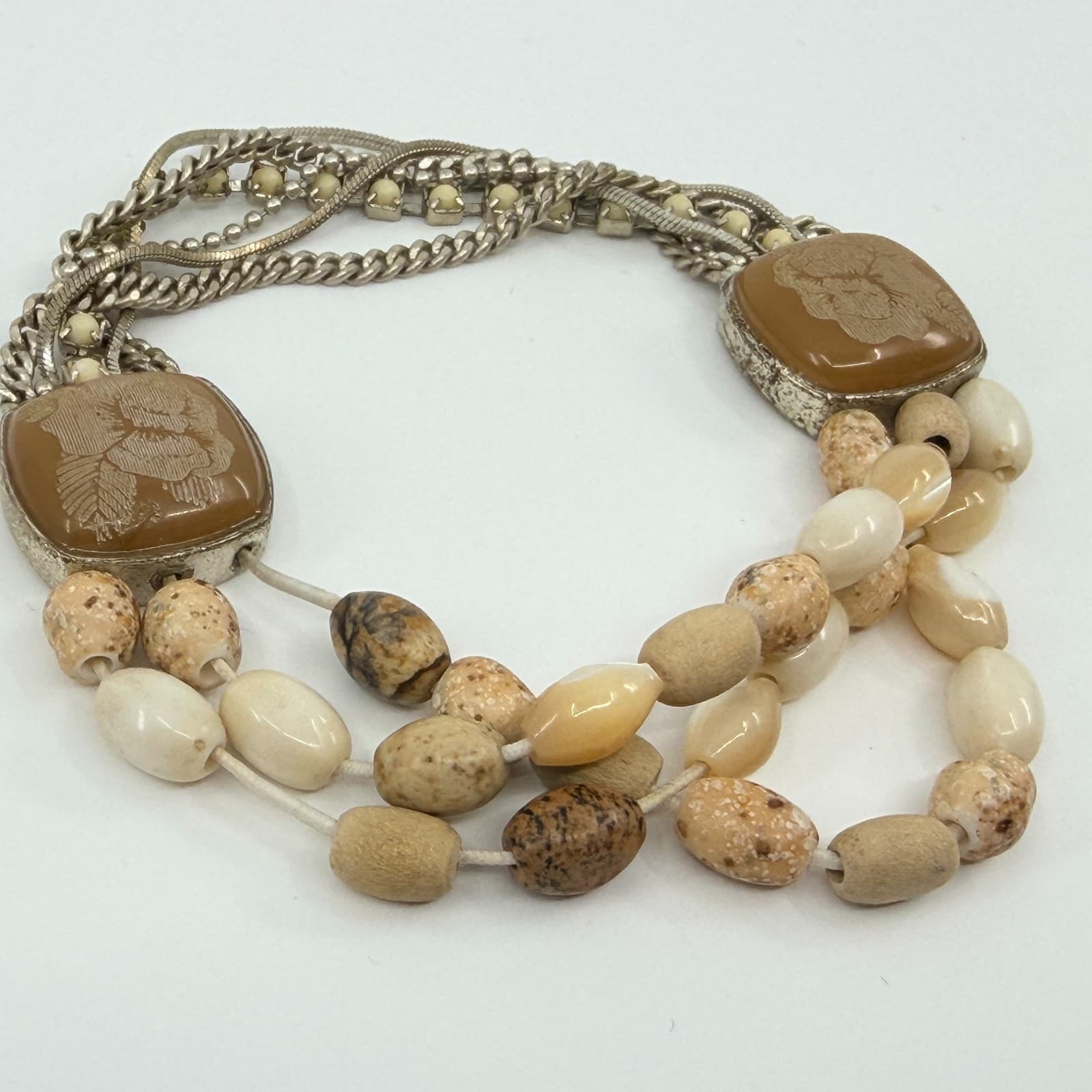 Vintage Silver Tone Multi Strand Bracelet Brown Faux Jasper Stone Carved Cameo - Thumbnail 4