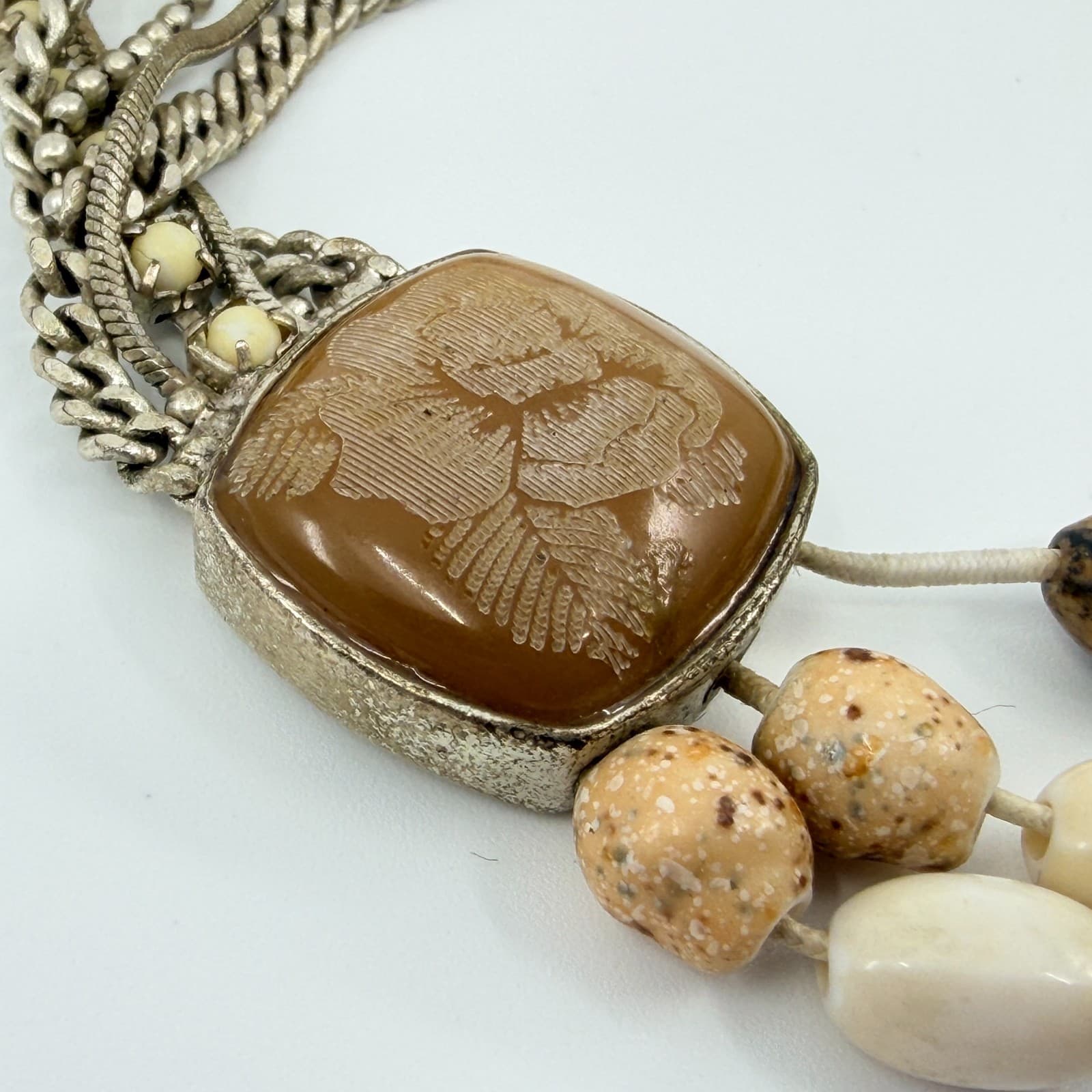 Vintage Silver Tone Multi Strand Bracelet Brown Faux Jasper Stone Carved Cameo - Thumbnail 5