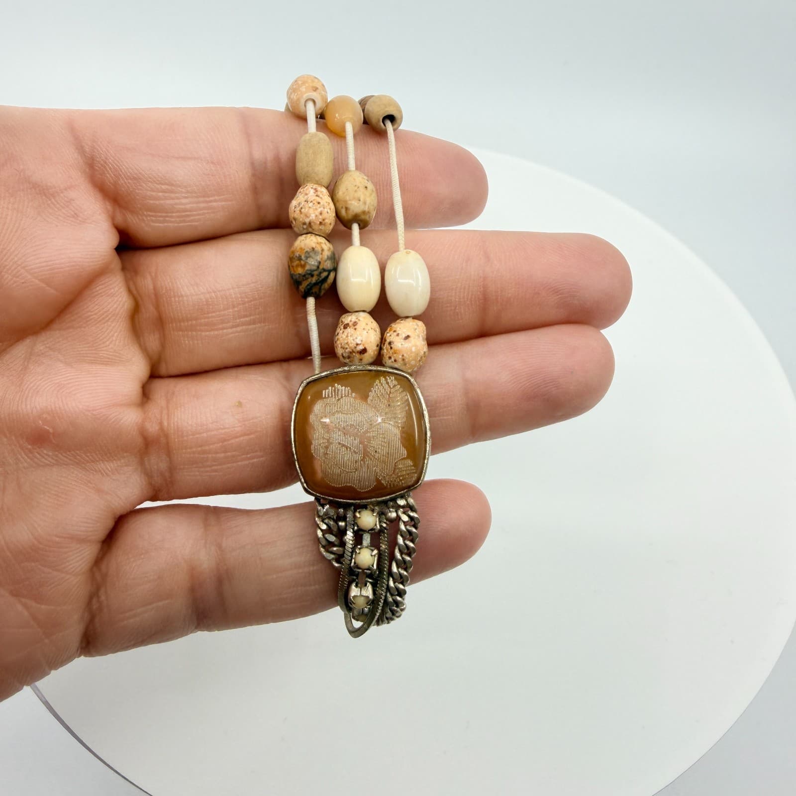 Vintage Silver Tone Multi Strand Bracelet Brown Faux Jasper Stone Carved Cameo - Thumbnail 6