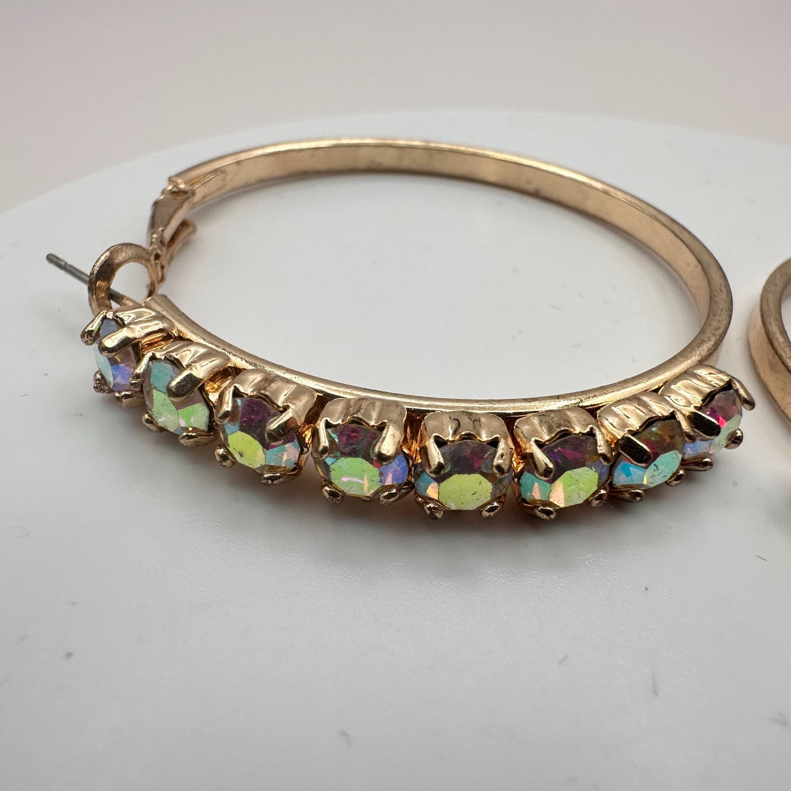 Vintage 90s Gold Tone Hoop Earrings Aurora Borealis Glass Boho Fashion Jewelry - Thumbnail 3