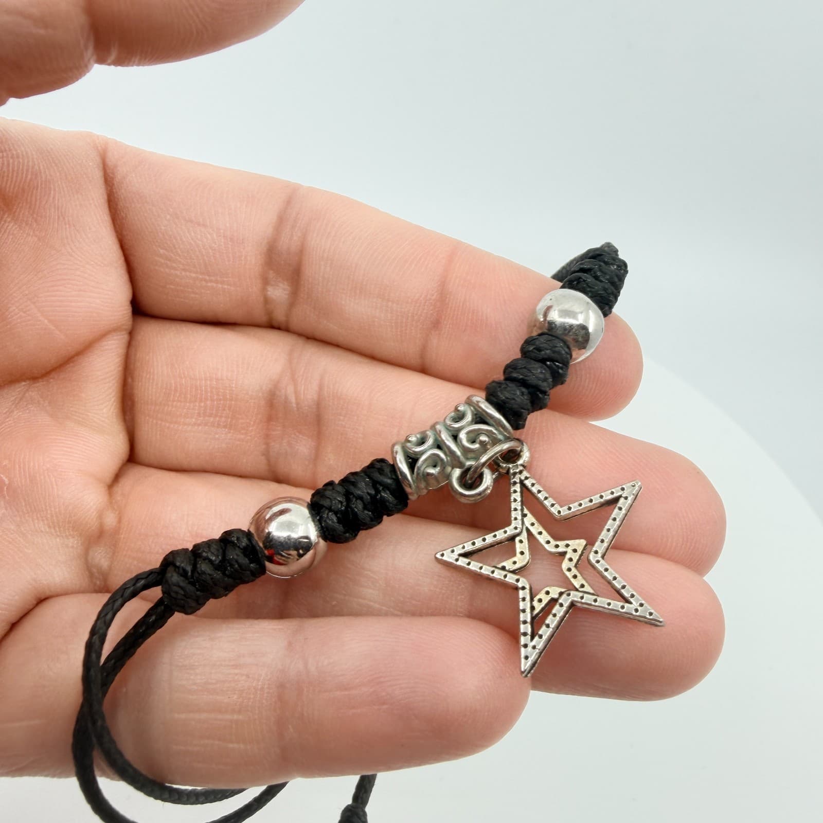 Vintage Silver Tone Star Charm Bracelet Black Braided Cord Knotted Adjustable - Thumbnail 7