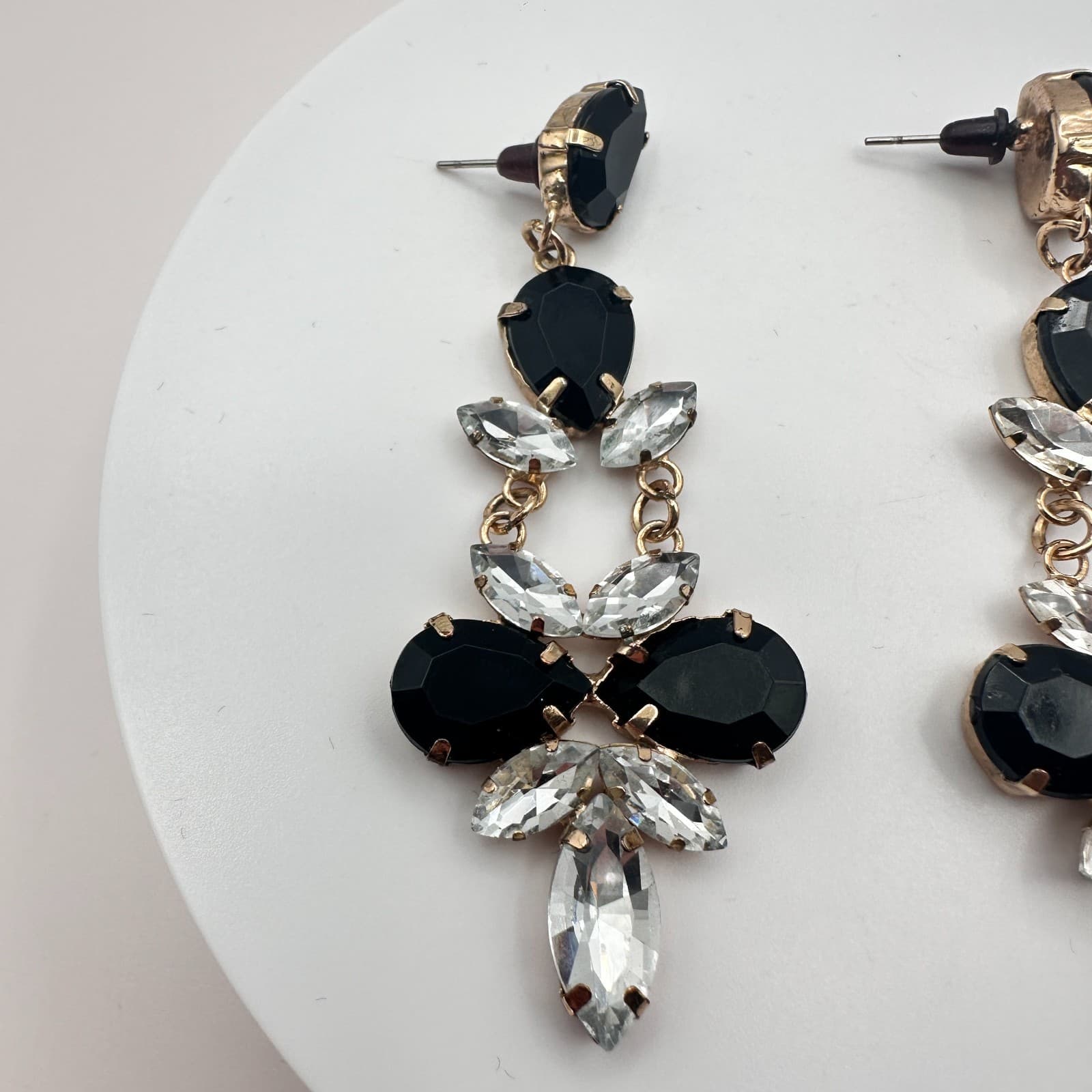 Vintage 90s Gold Tone Dangle Earrings Black &Clear Glass Women's Fashion Jewelry - Thumbnail 4