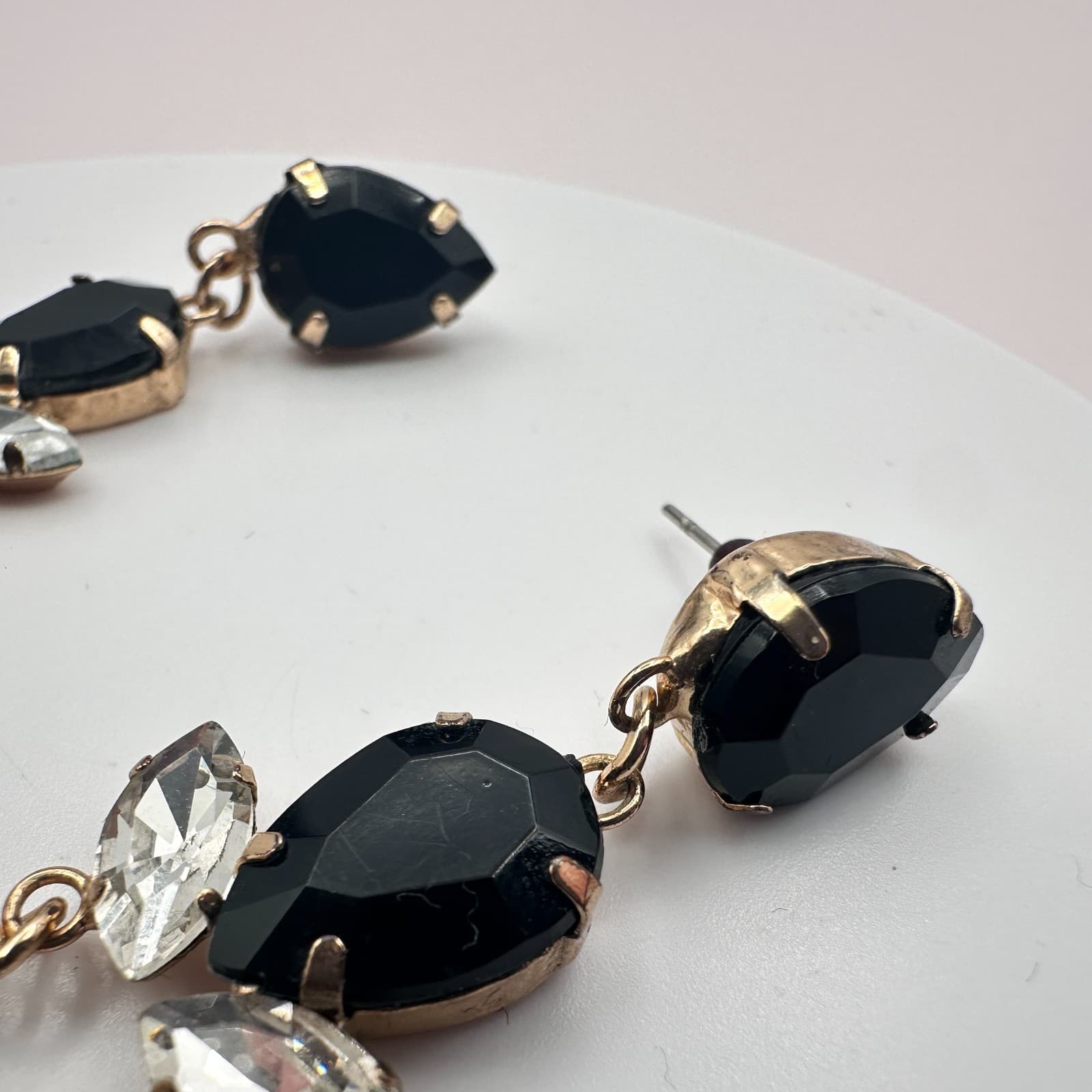 Vintage 90s Gold Tone Dangle Earrings Black &Clear Glass Women's Fashion Jewelry - Thumbnail 7