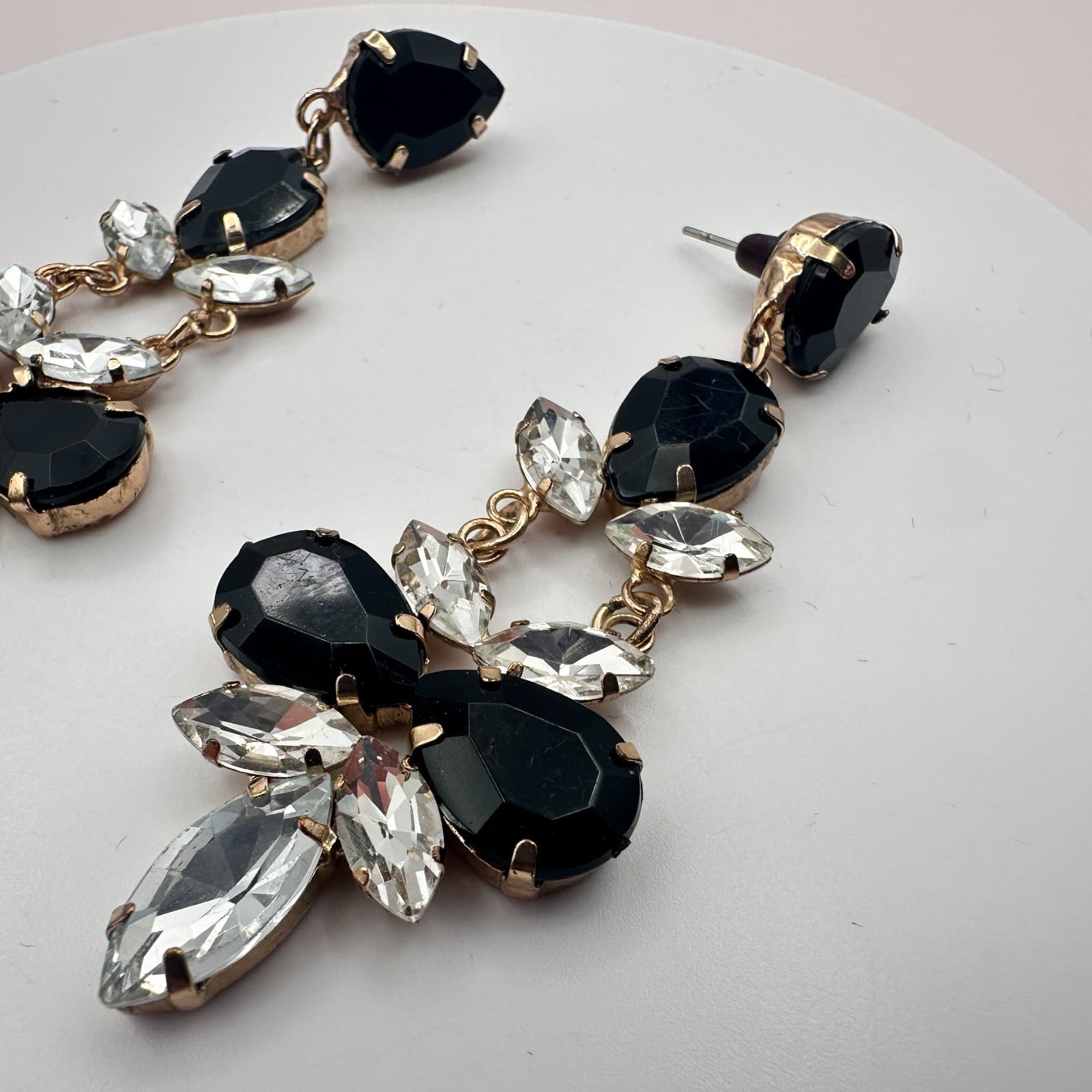 Vintage 90s Gold Tone Dangle Earrings Black &Clear Glass Women's Fashion Jewelry - Thumbnail 8