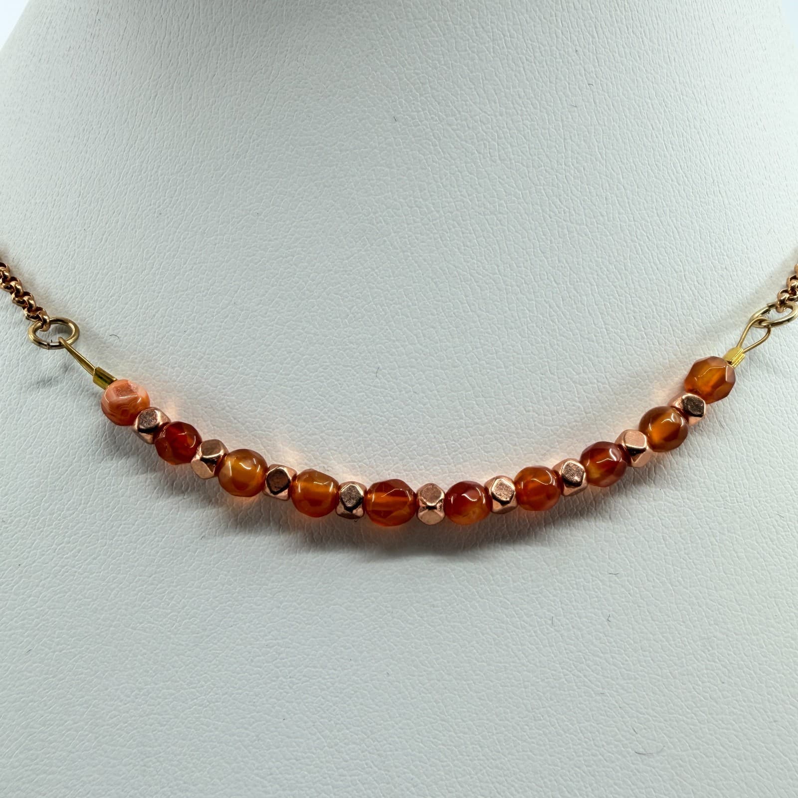 Vintage Rose Gold Tone Chain Necklace Faceted Orange Amber Glass Bead Curved 90s - Thumbnail 2
