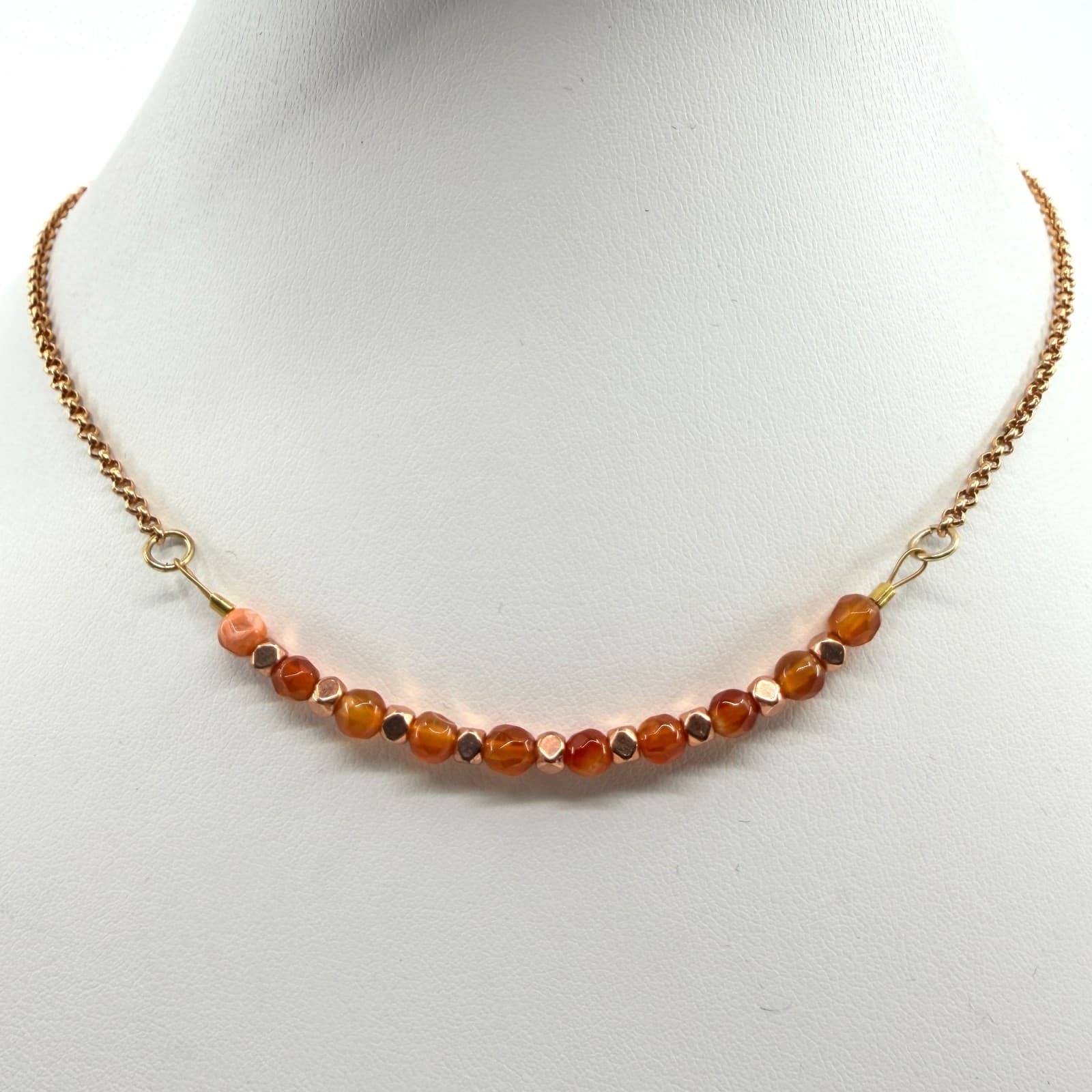 Vintage Rose Gold Tone Chain Necklace Faceted Orange Amber Glass Bead Curved 90s