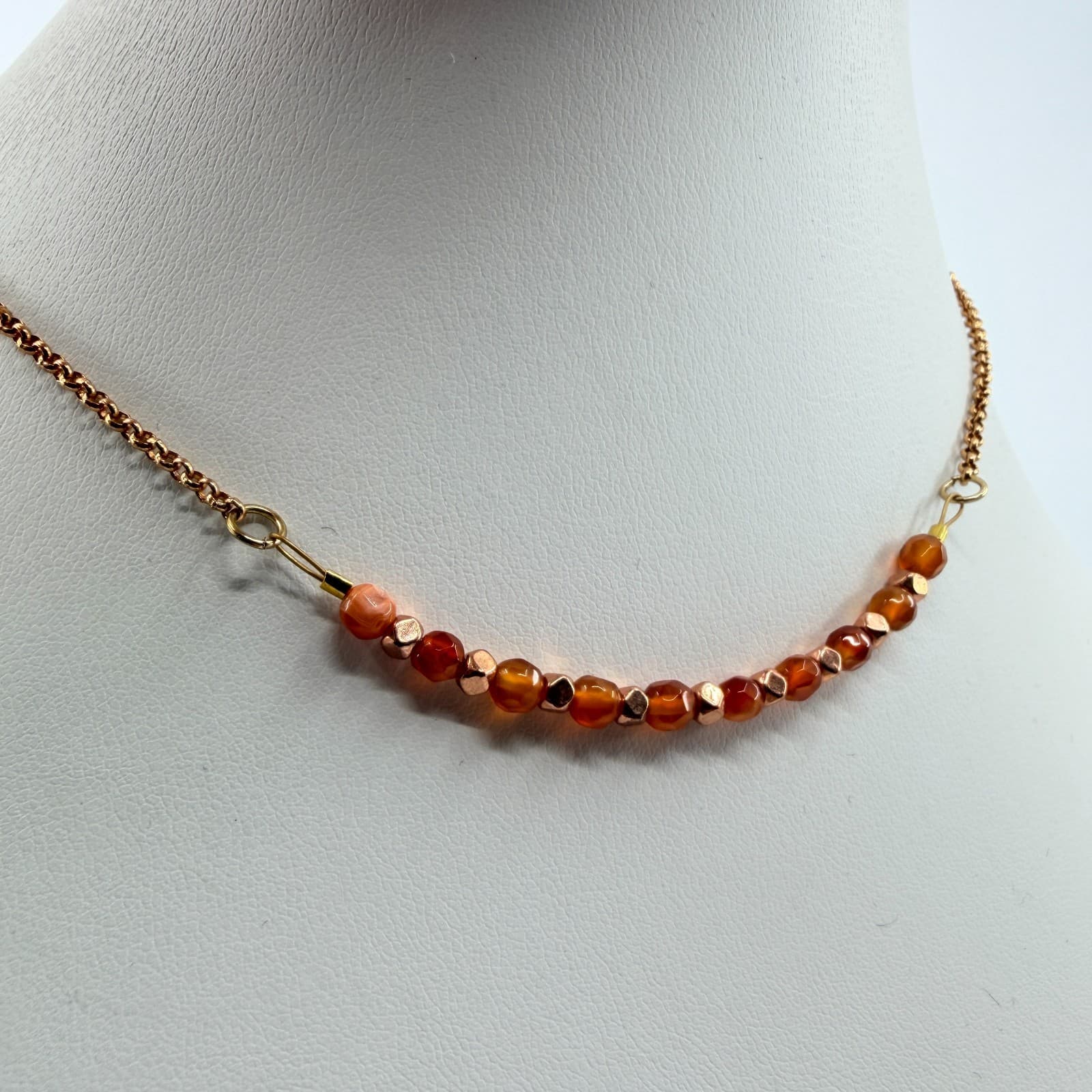 Vintage Rose Gold Tone Chain Necklace Faceted Orange Amber Glass Bead Curved 90s - Thumbnail 3