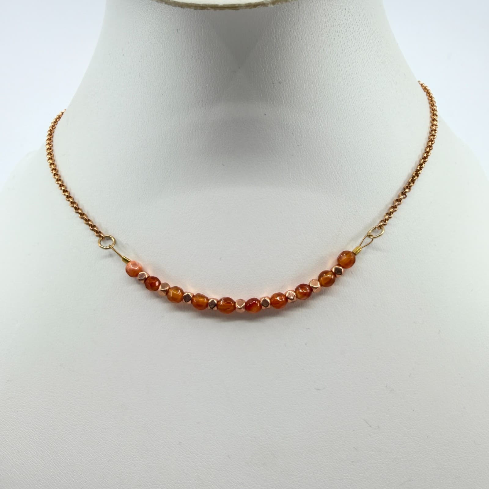 Vintage Rose Gold Tone Chain Necklace Faceted Orange Amber Glass Bead Curved 90s - Thumbnail 5