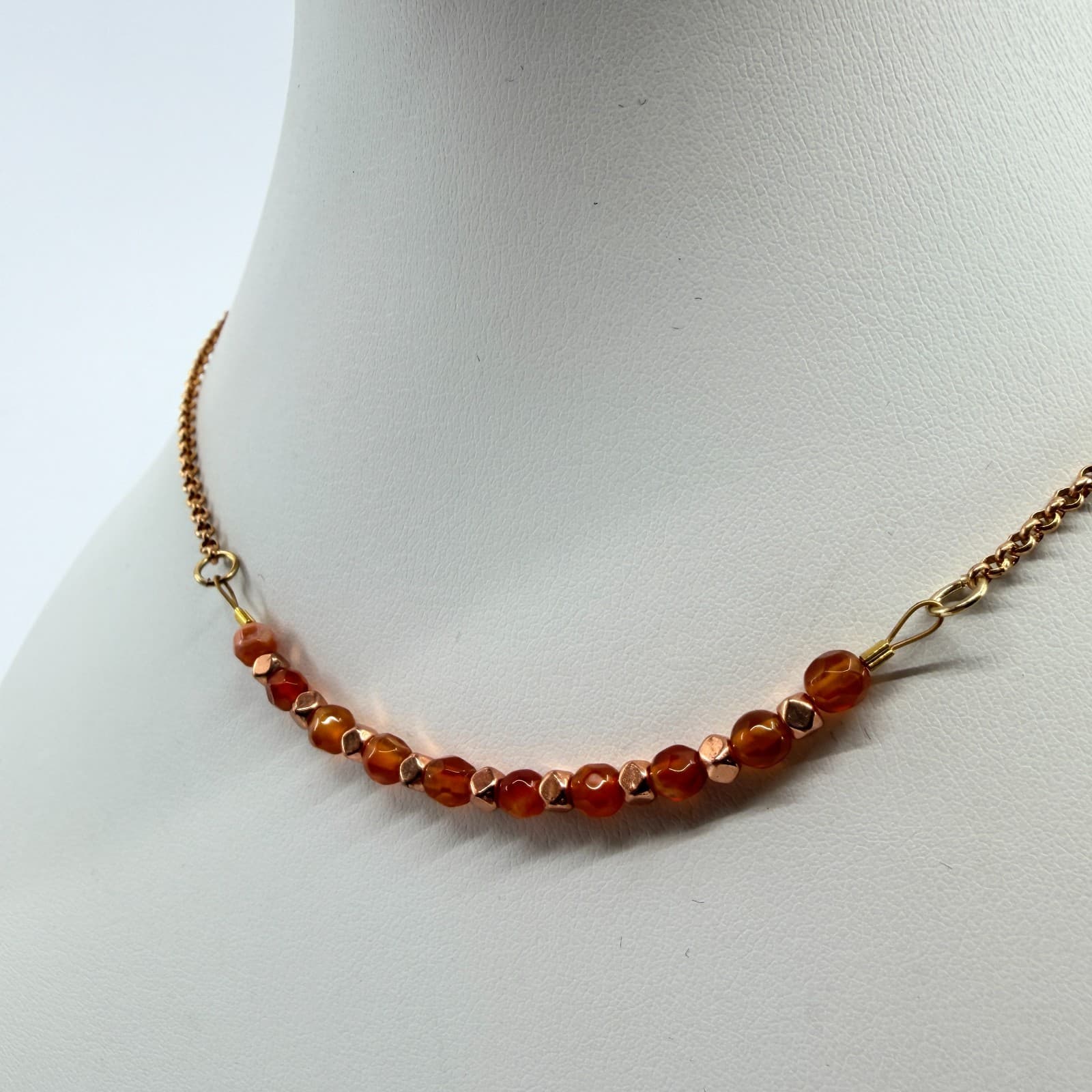 Vintage Rose Gold Tone Chain Necklace Faceted Orange Amber Glass Bead Curved 90s - Thumbnail 4