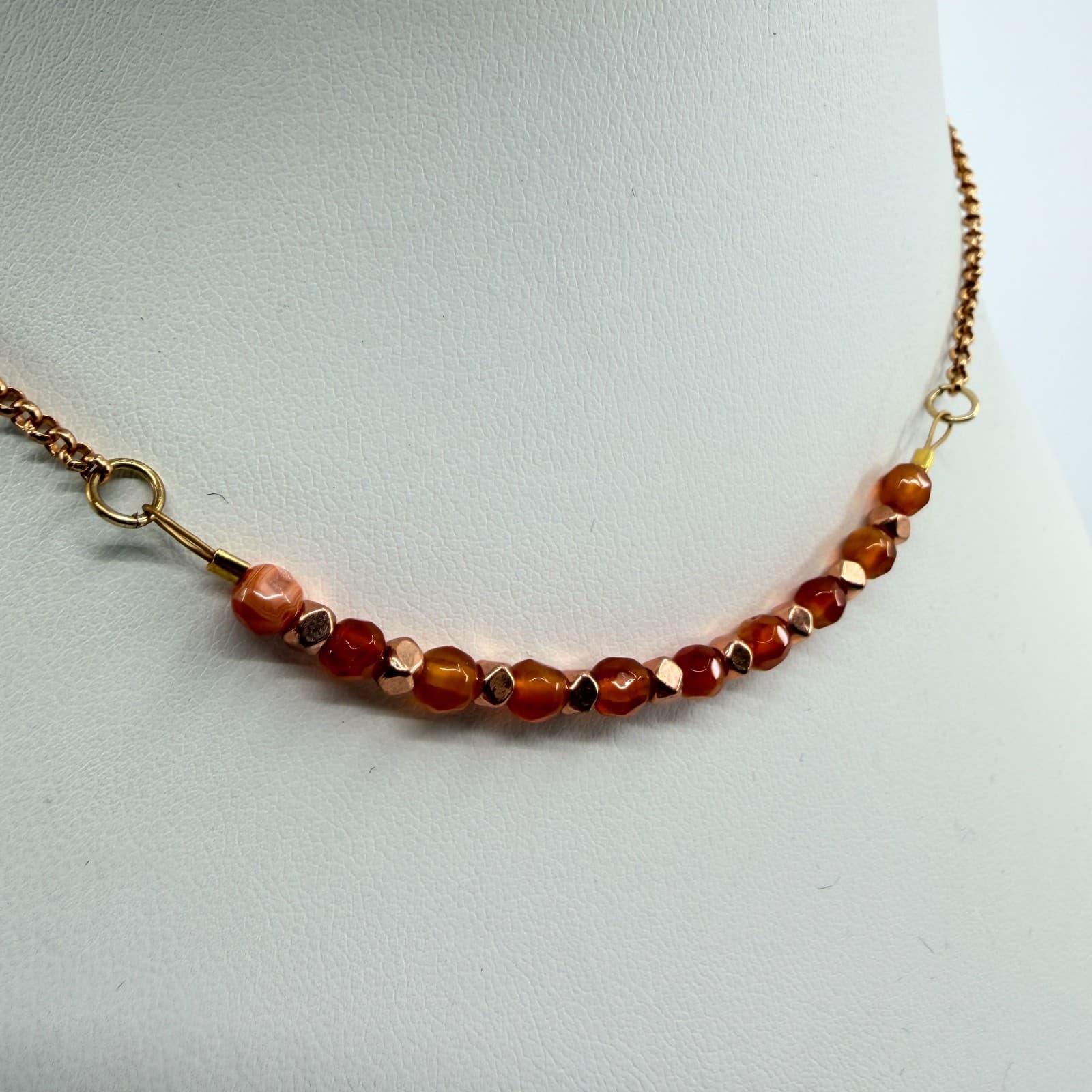 Vintage Rose Gold Tone Chain Necklace Faceted Orange Amber Glass Bead Curved 90s - Thumbnail 6