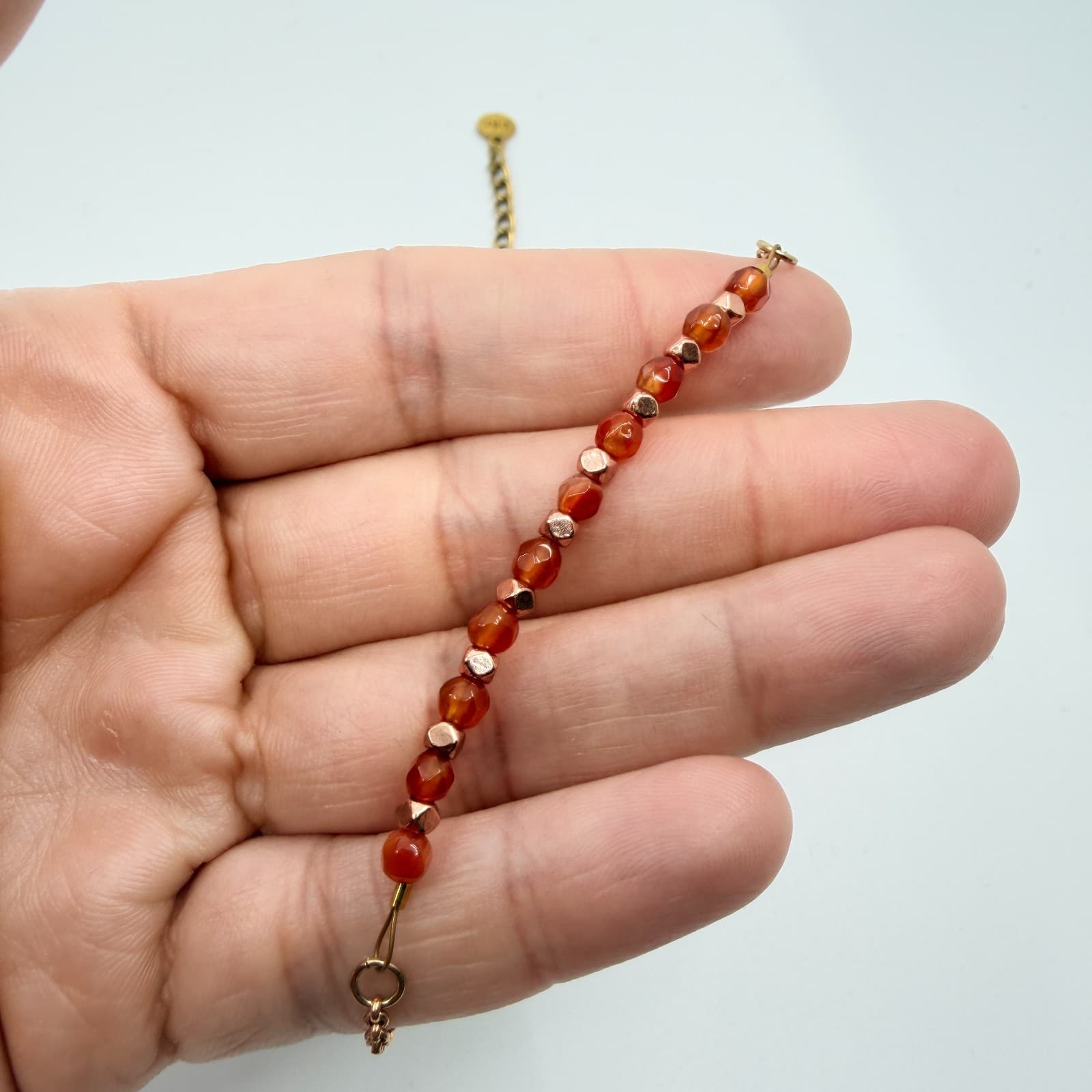 Vintage Rose Gold Tone Chain Necklace Faceted Orange Amber Glass Bead Curved 90s - Thumbnail 8