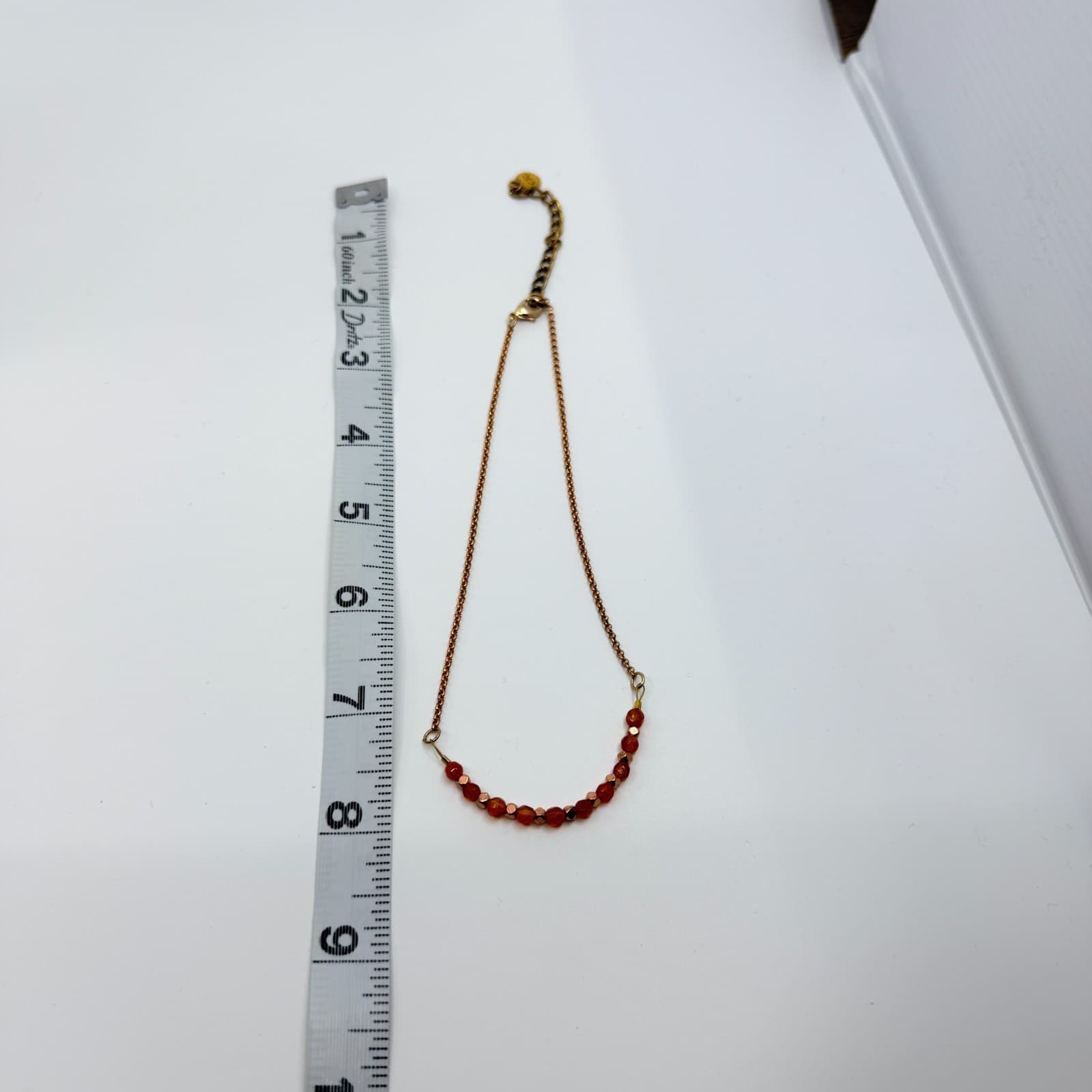 Vintage Rose Gold Tone Chain Necklace Faceted Orange Amber Glass Bead Curved 90s - Thumbnail 9