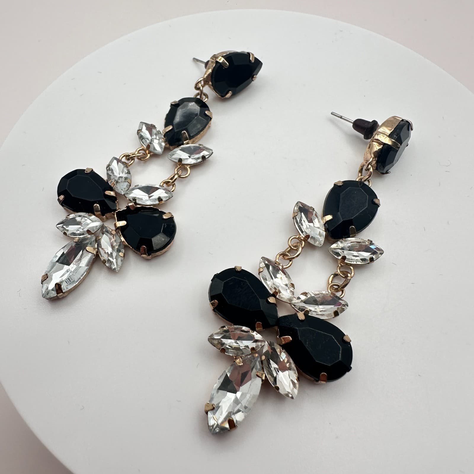Vintage 90s Gold Tone Dangle Earrings Black &Clear Glass Women's Fashion Jewelry - Thumbnail 5