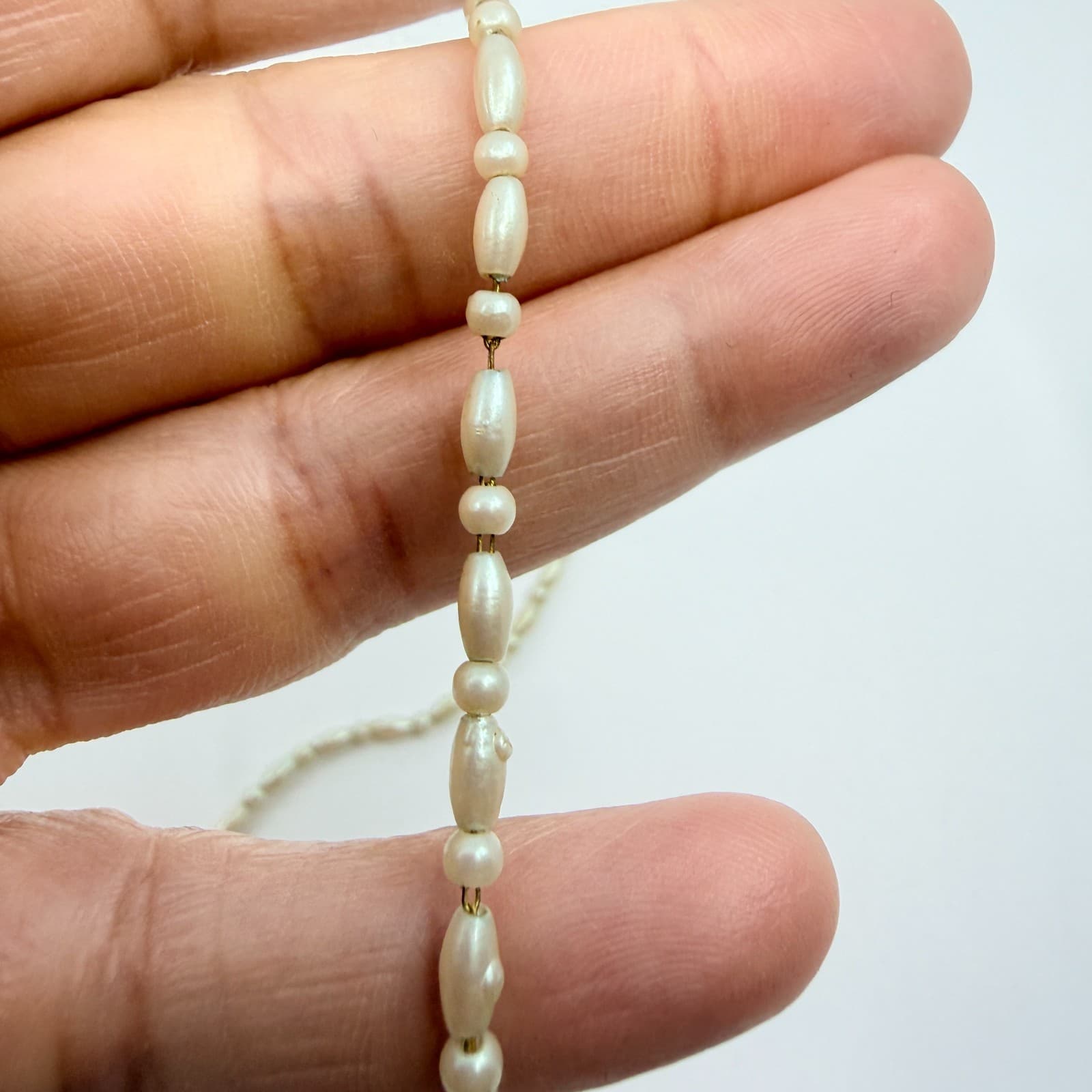 Vintage Faux Pearl Strand Necklace Rice Bead Bar Cream Off White Classic Retro - Thumbnail 7