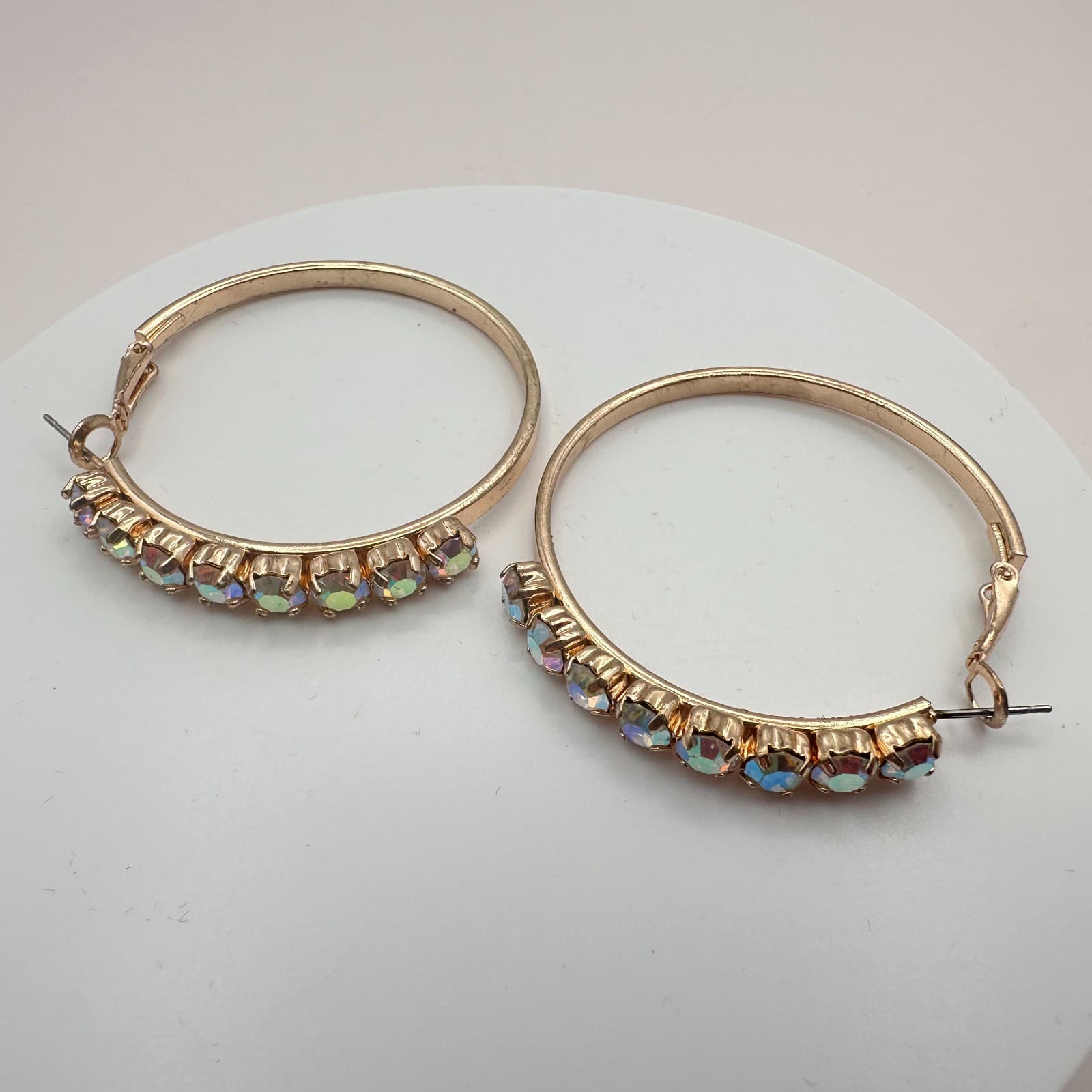 Vintage 90s Gold Tone Hoop Earrings Aurora Borealis Glass Boho Fashion Jewelry - Thumbnail 2