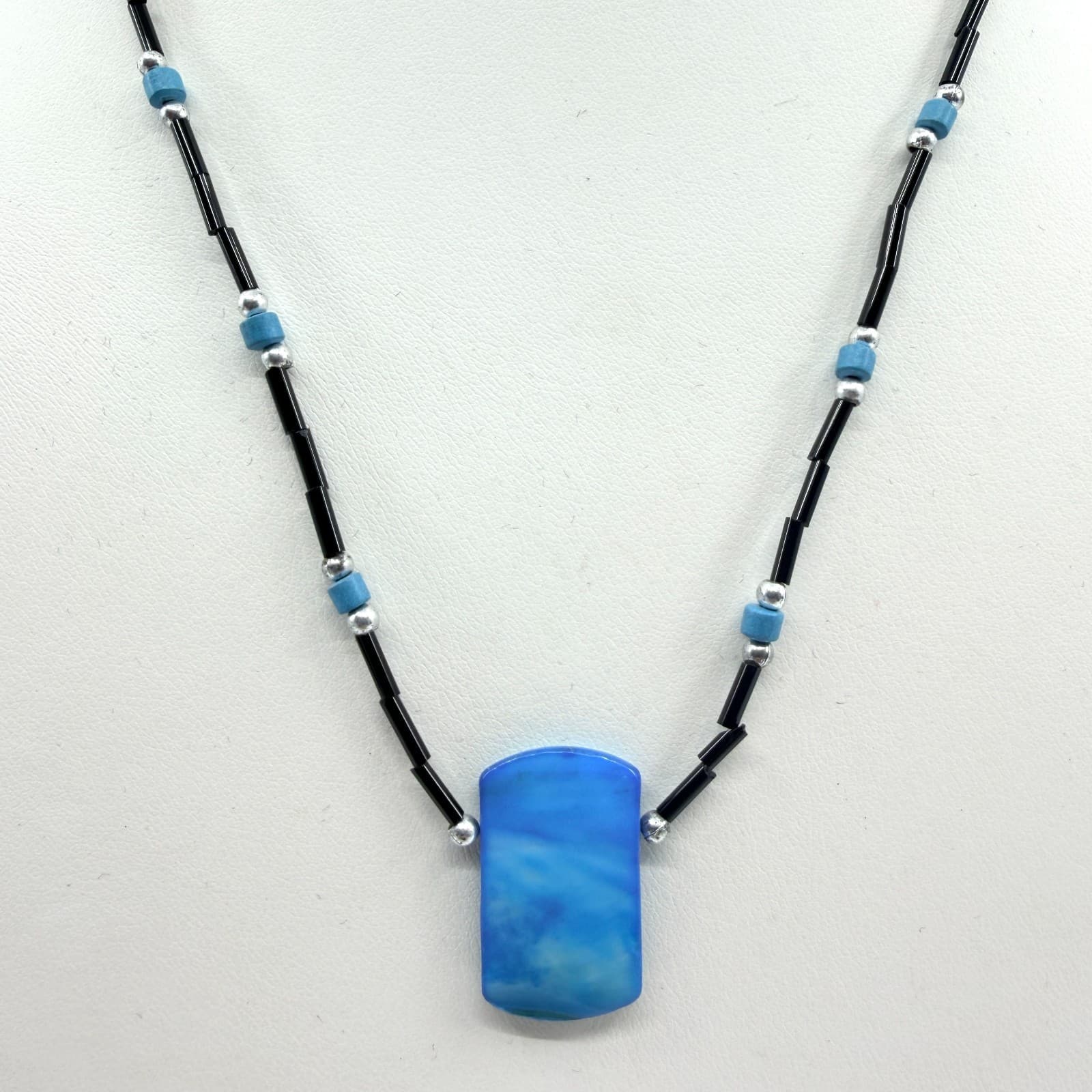 Vintage Silver Tone Blue Block Pendant Necklace Black Bugle Tube Bead Strand 90s