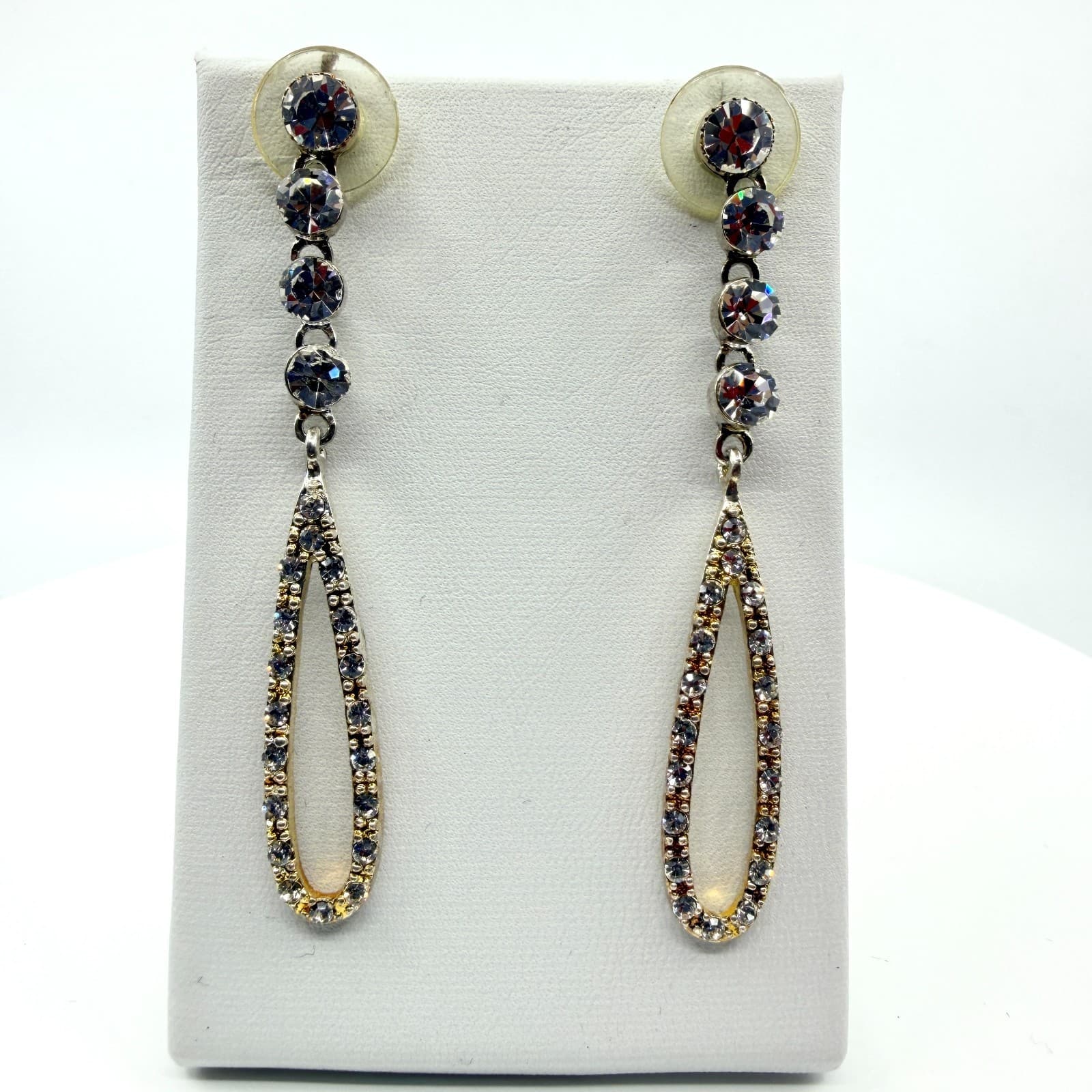 Vintage Gold Tone Dangle Earrings AB Rhinestone Teardrop Open Hoop Statement Y2K