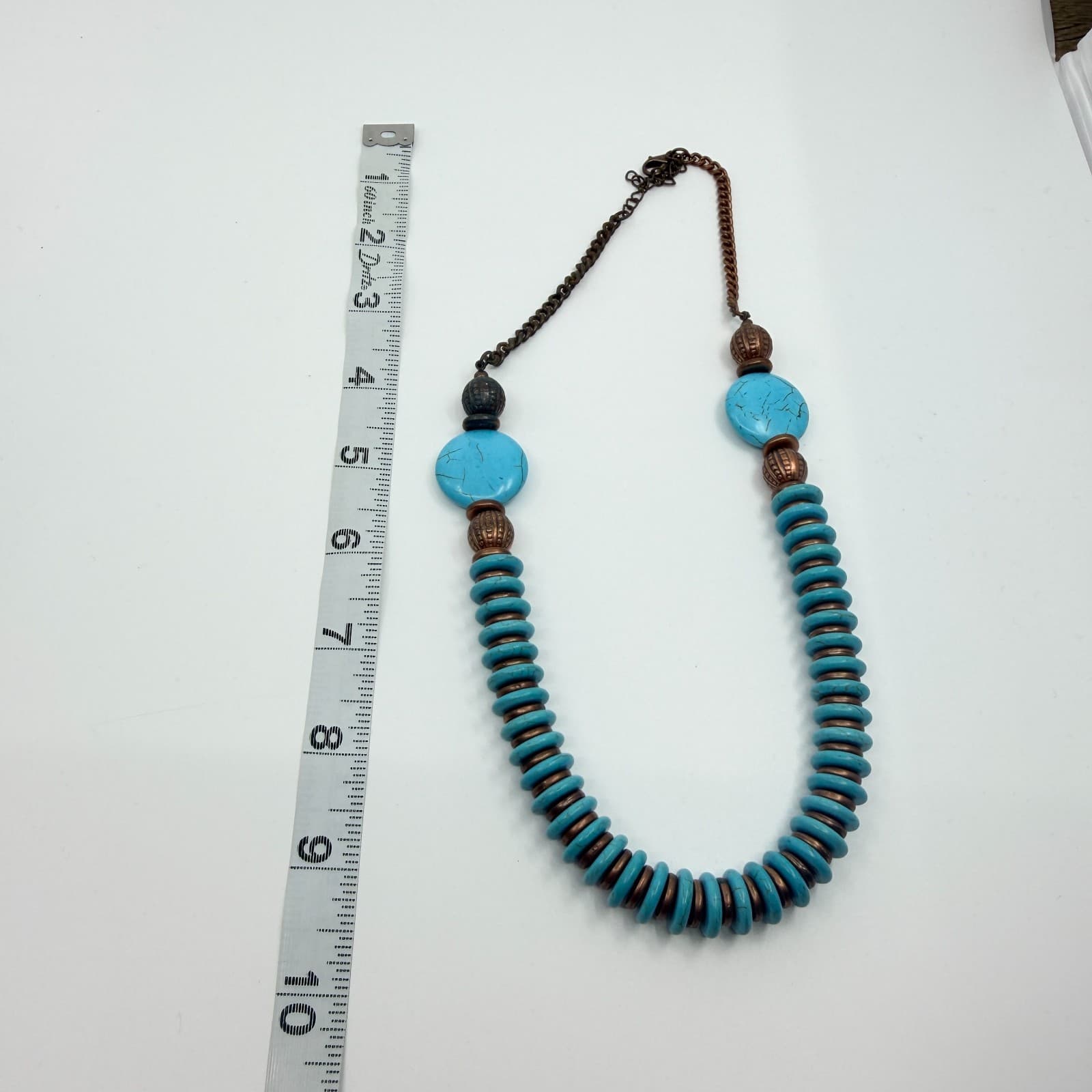 Vintage Copper Tone Bead Strand Necklace Faux Turquoise Disc Spacer Chunky Boho - Thumbnail 7