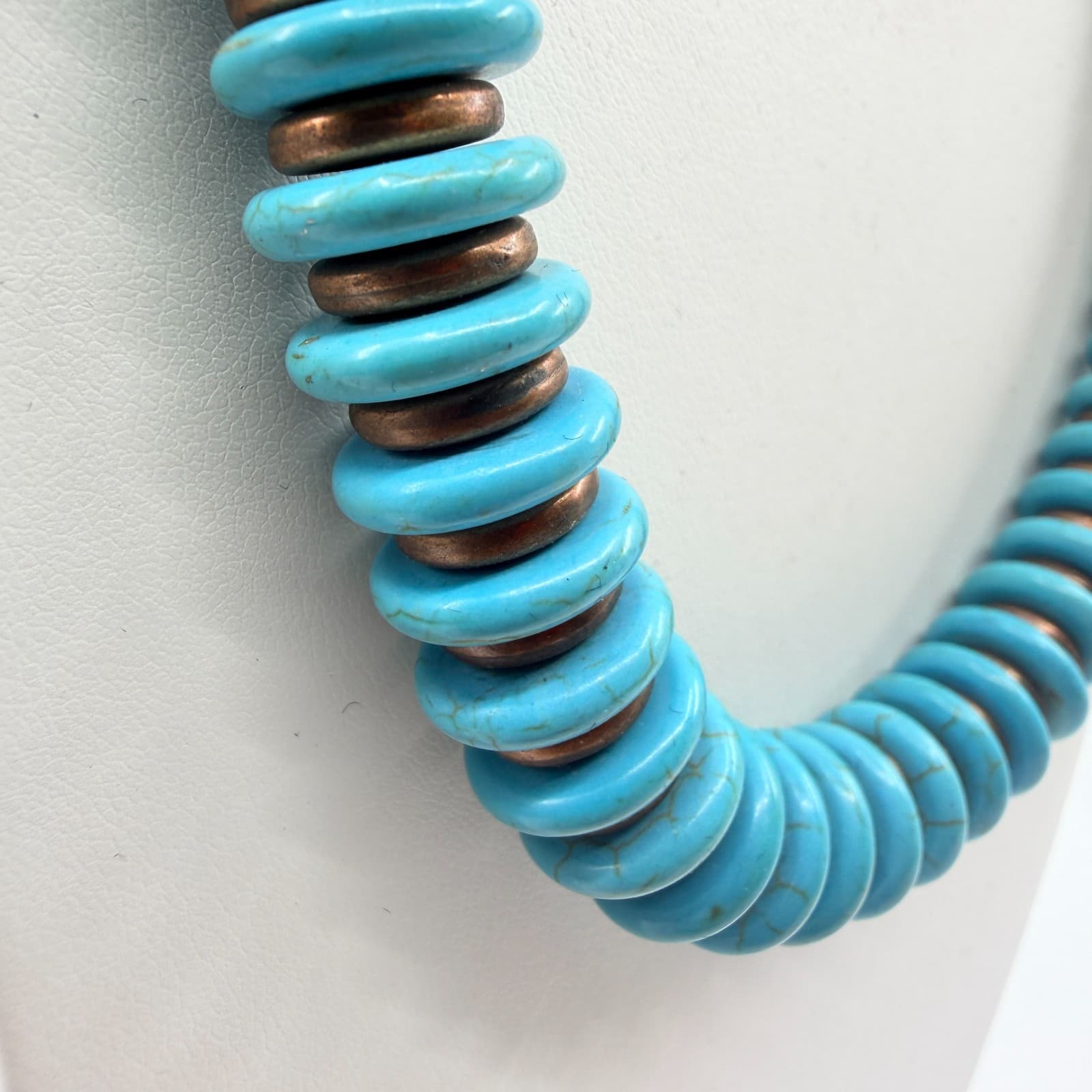 Vintage Copper Tone Bead Strand Necklace Faux Turquoise Disc Spacer Chunky Boho - Thumbnail 3