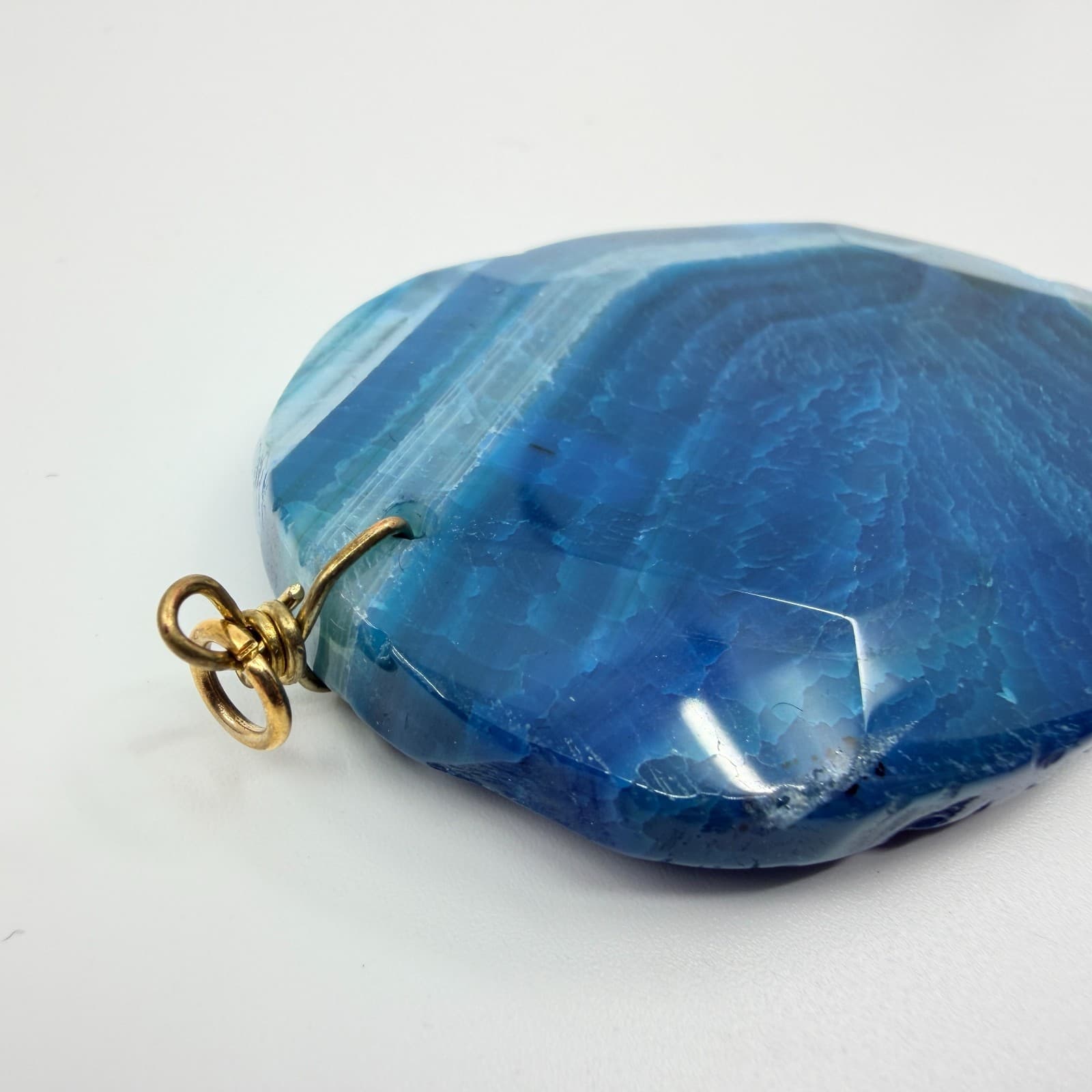 Vintage Blue Agate Style Pendant Large Faceted Oval Slab Marbled Geode Boho Y2K - Thumbnail 3