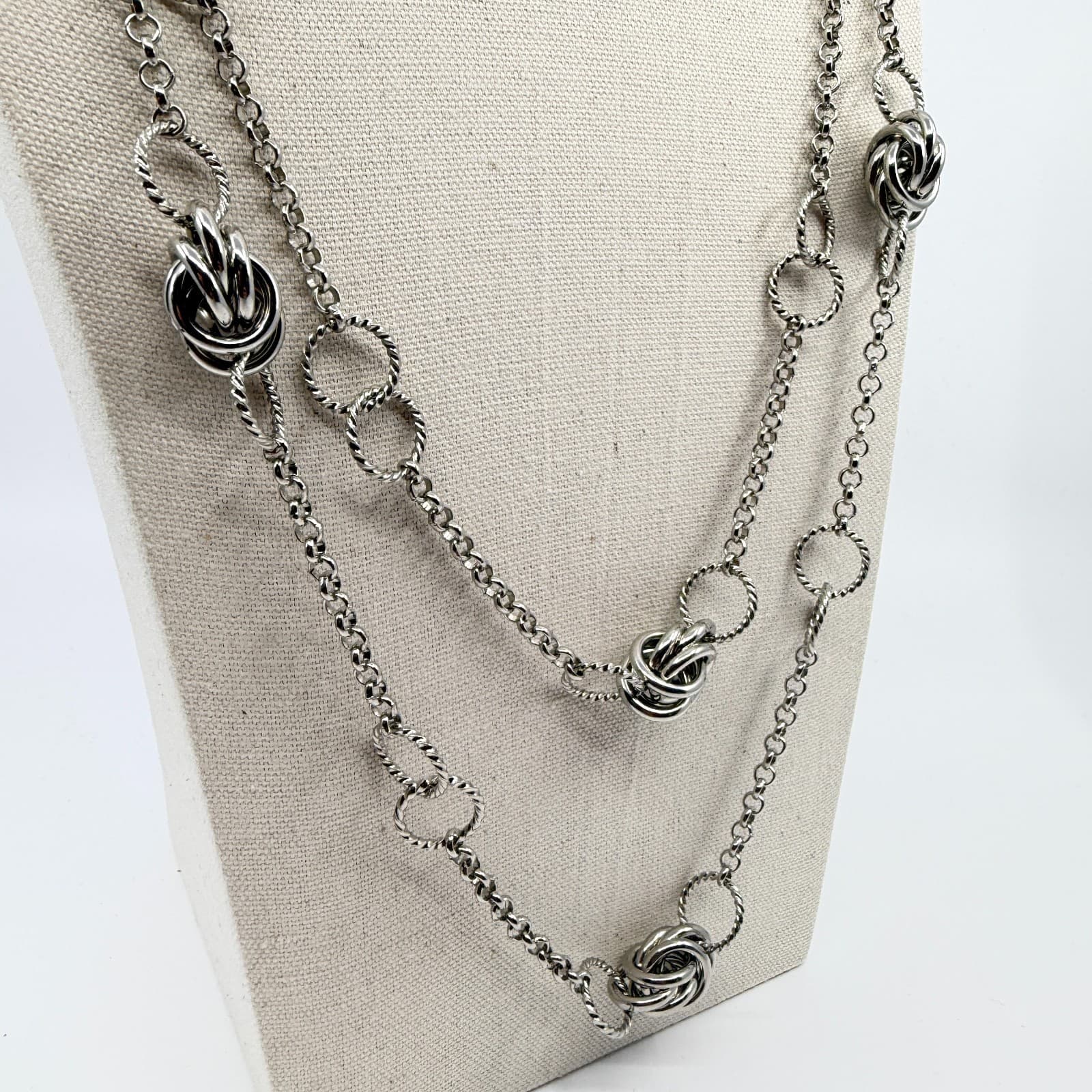 Vintage Silver Tone Long Layered Chain Necklace Textured Love Knot Station Boho - Thumbnail 2