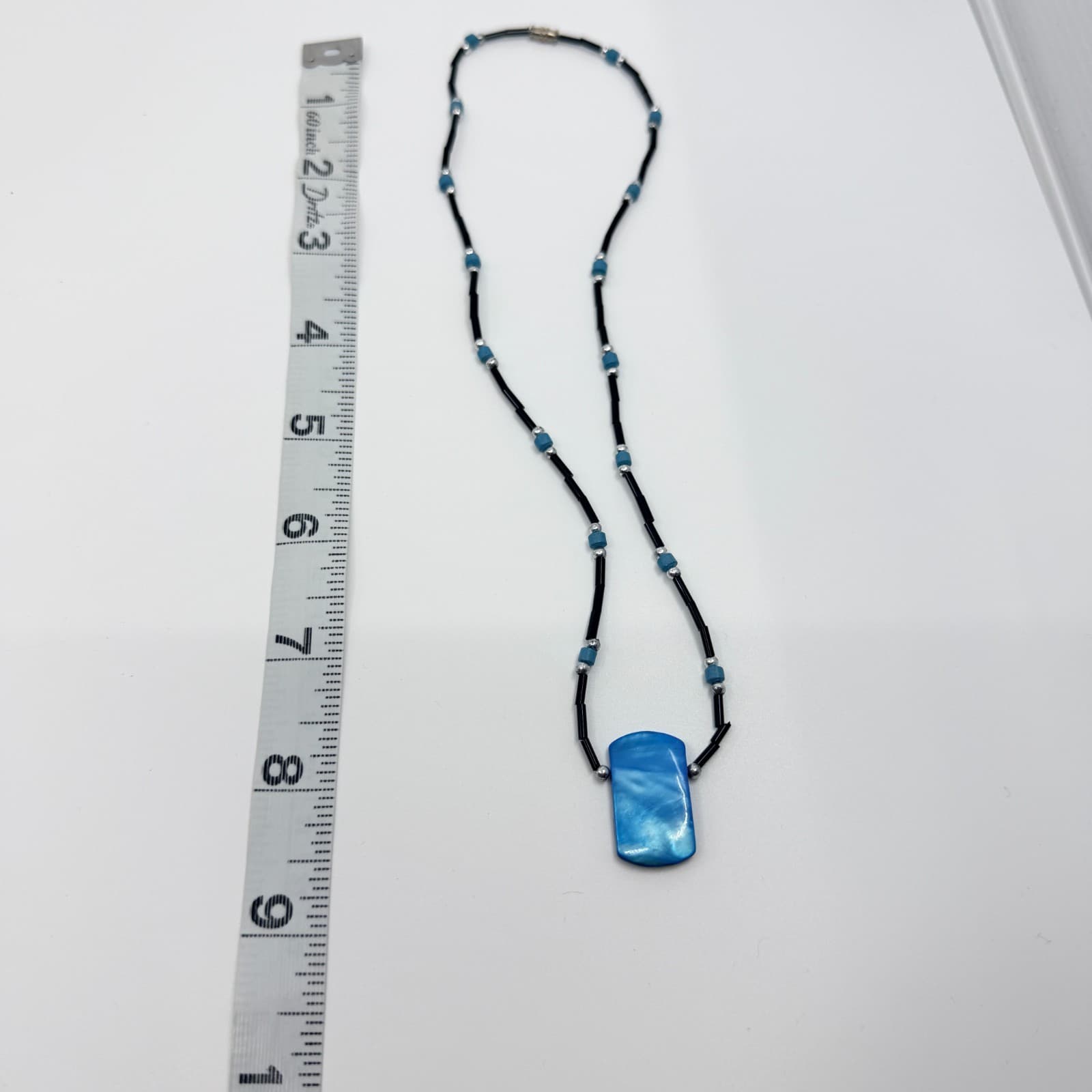 Vintage Silver Tone Blue Block Pendant Necklace Black Bugle Tube Bead Strand 90s - Thumbnail 8