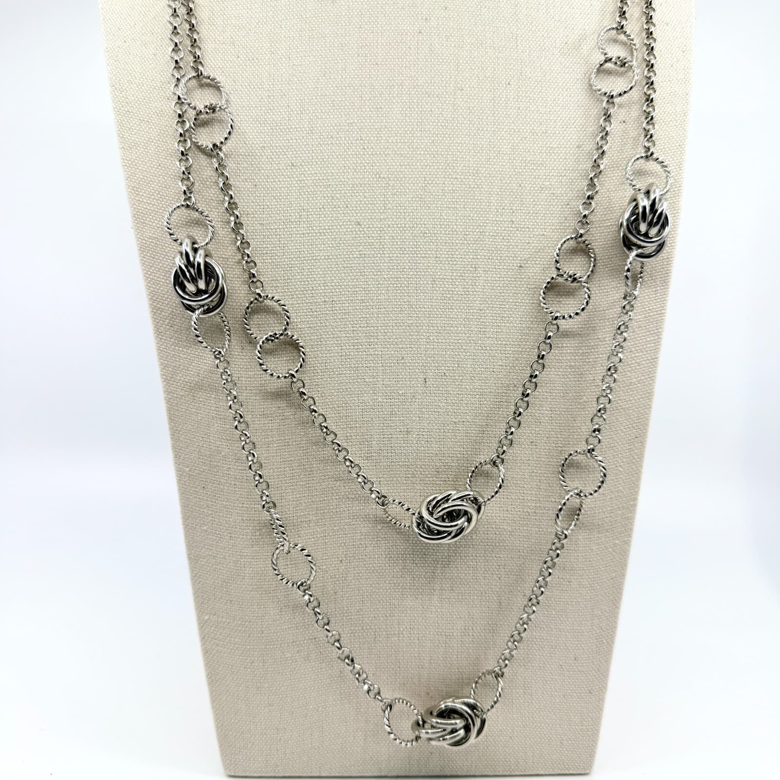 Vintage Silver Tone Long Layered Chain Necklace Textured Love Knot Station Boho
