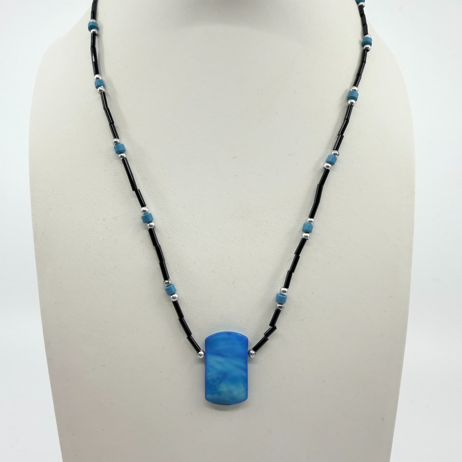 Vintage Silver Tone Blue Block Pendant Necklace Black Bugle Tube Bead Strand 90s - Thumbnail 3