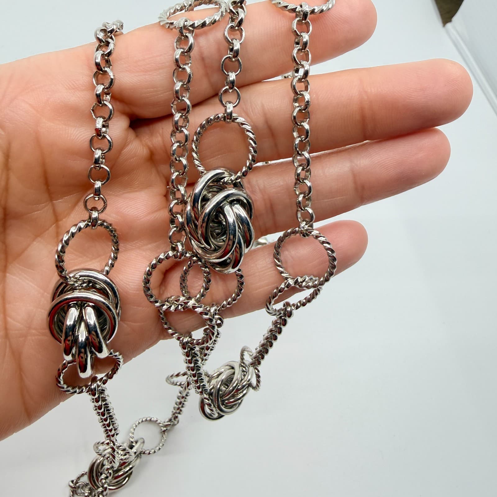 Vintage Silver Tone Long Layered Chain Necklace Textured Love Knot Station Boho - Thumbnail 8