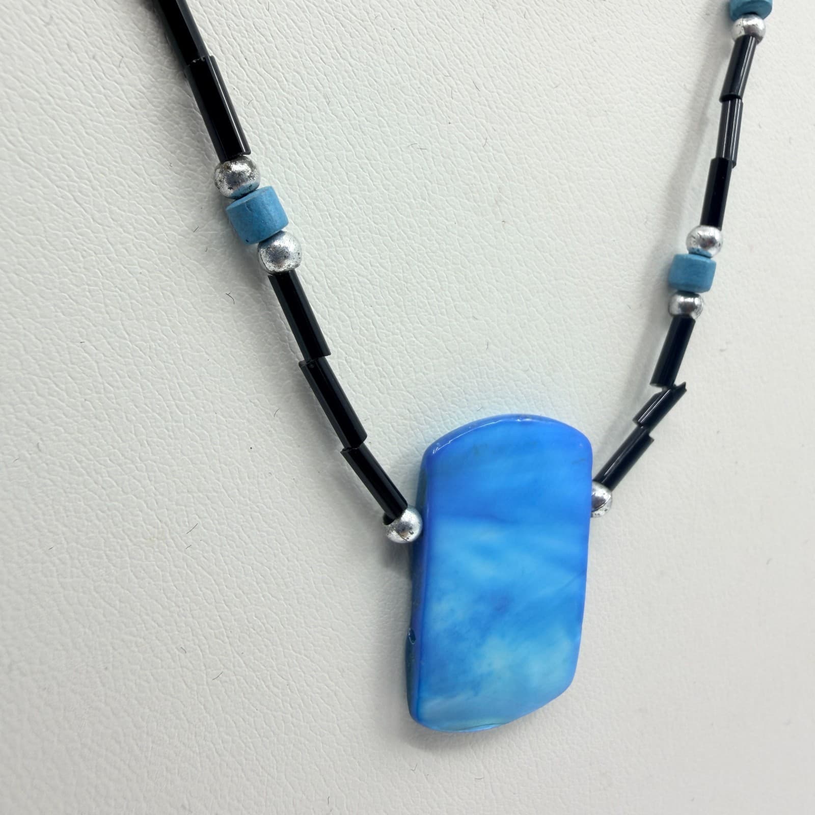 Vintage Silver Tone Blue Block Pendant Necklace Black Bugle Tube Bead Strand 90s - Thumbnail 4