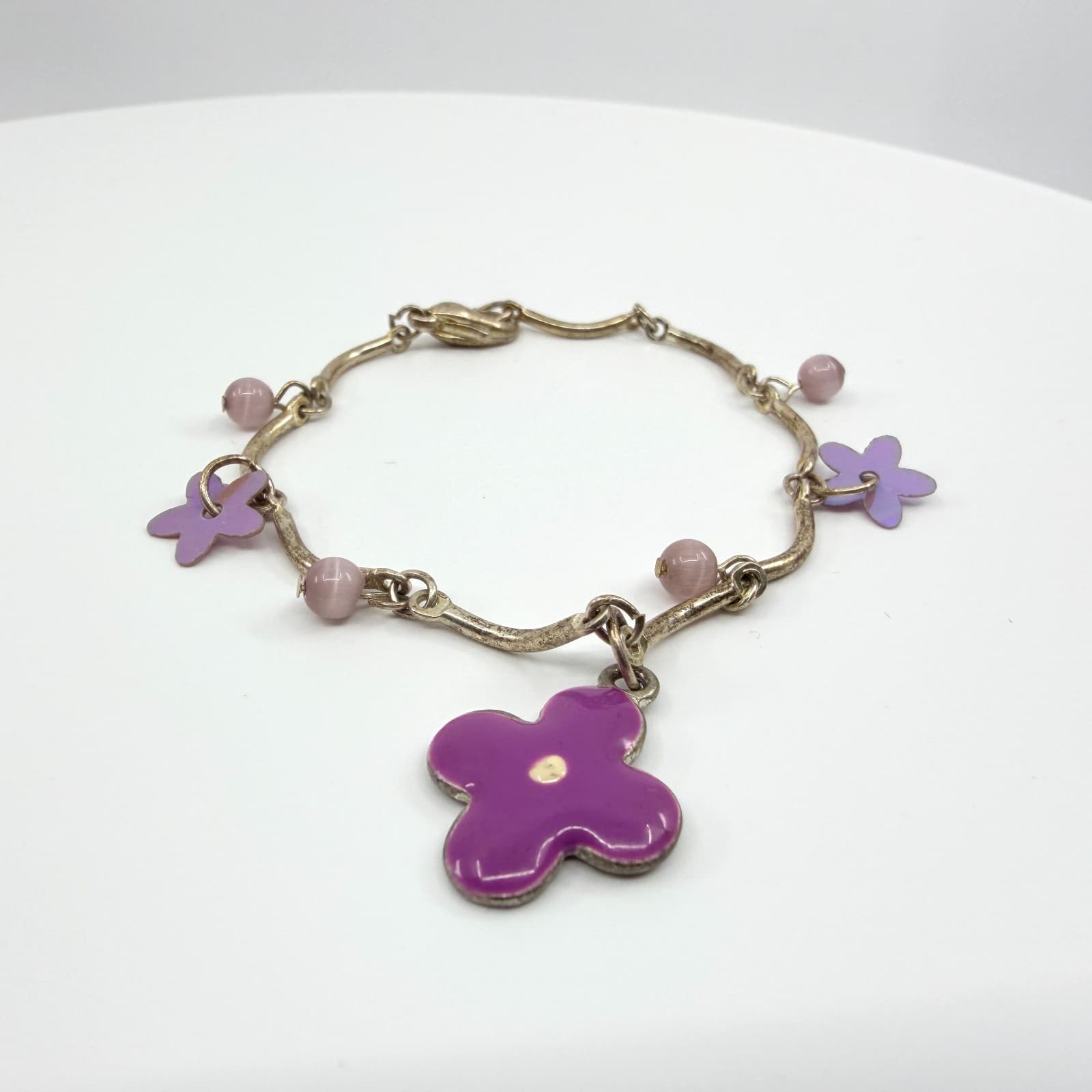 Vintage Gold Tone Jewelry Set Purple Enamel Flower Necklace Bracelet Statement - Thumbnail 2