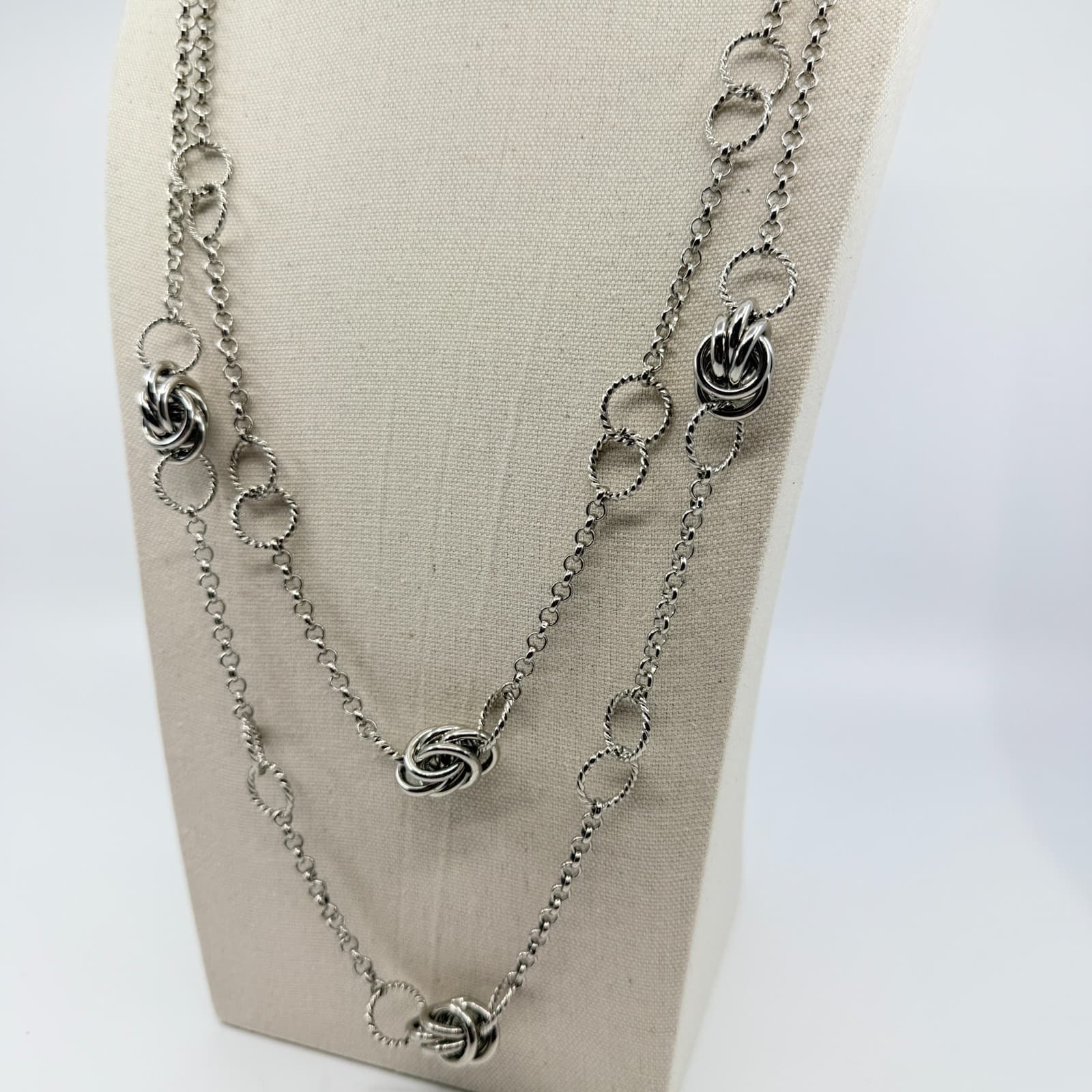 Vintage Silver Tone Long Layered Chain Necklace Textured Love Knot Station Boho - Thumbnail 5