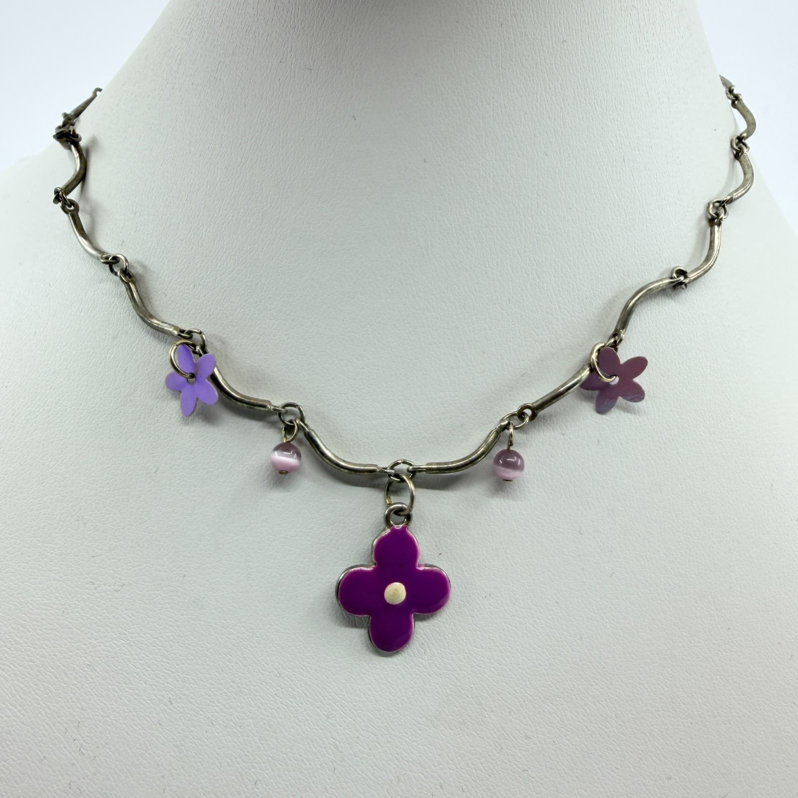 Vintage Gold Tone Jewelry Set Purple Enamel Flower Necklace Bracelet Statement - Thumbnail 10