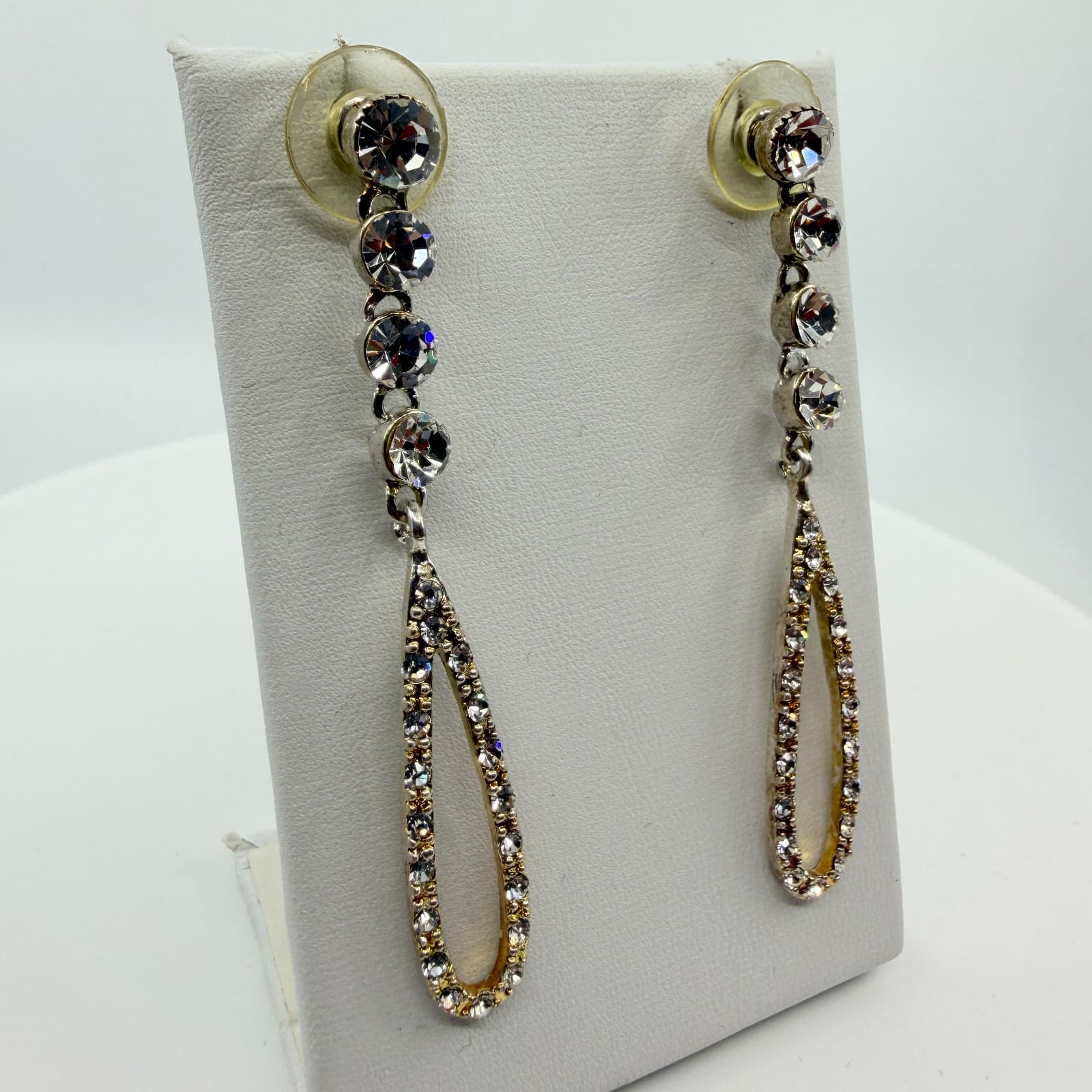Vintage Gold Tone Dangle Earrings AB Rhinestone Teardrop Open Hoop Statement Y2K - Thumbnail 2