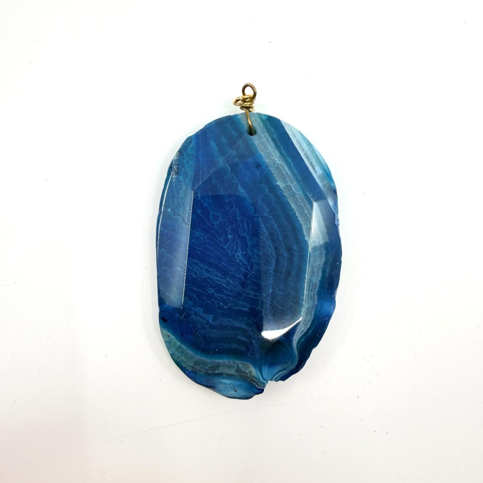 Vintage Blue Agate Style Pendant Large Faceted Oval Slab Marbled Geode Boho Y2K