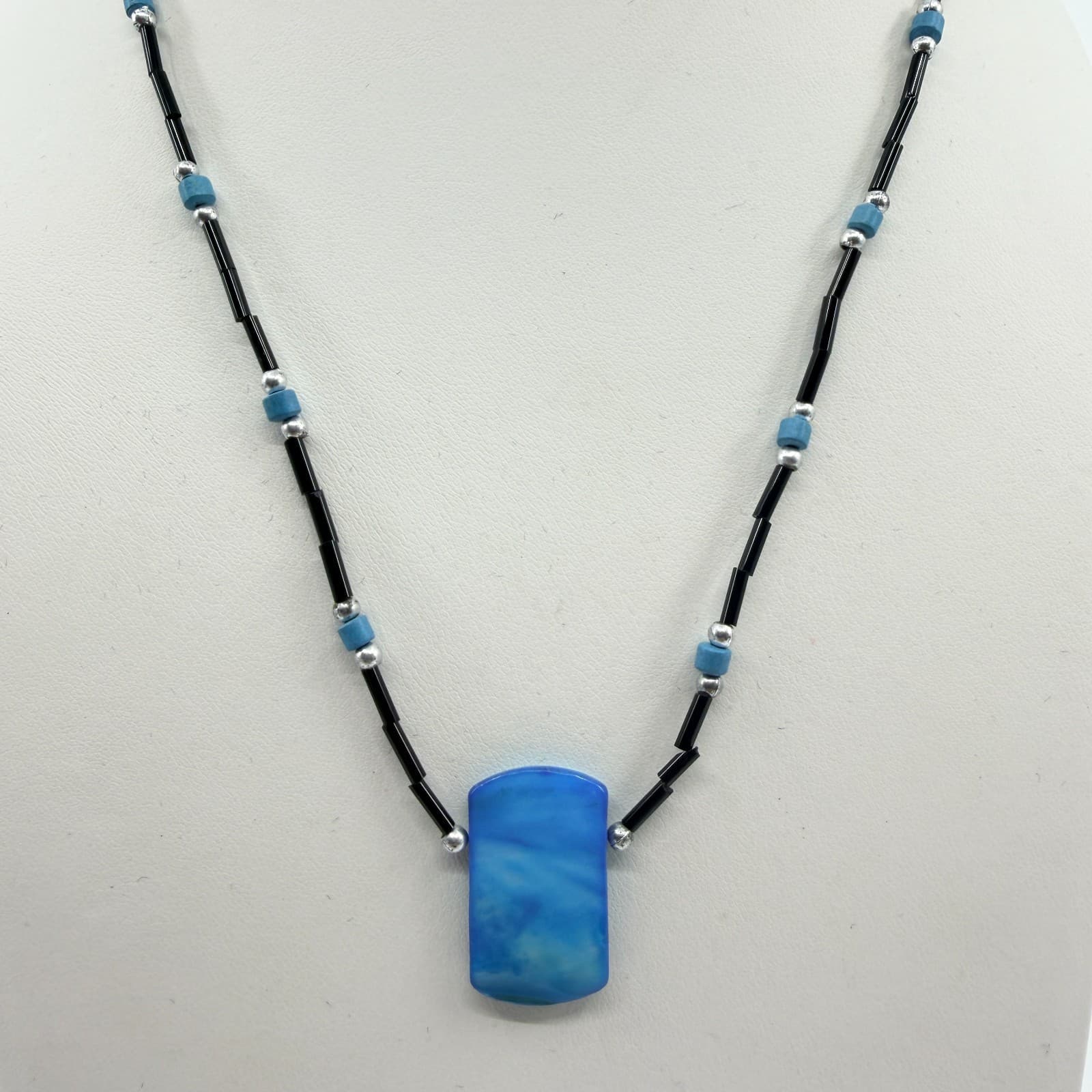 Vintage Silver Tone Blue Block Pendant Necklace Black Bugle Tube Bead Strand 90s - Thumbnail 2