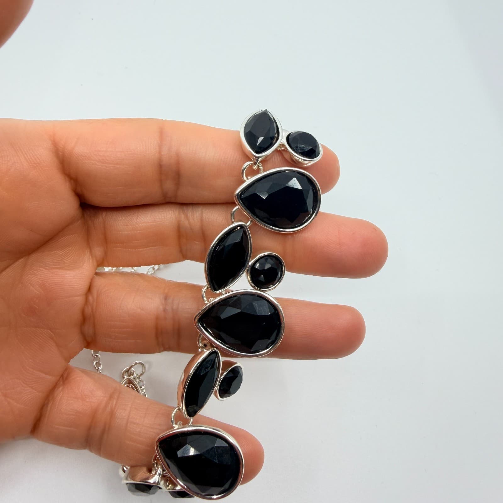 Vintage Silver Tone Black Faceted Resin Bib Necklace Teardrop Marquise Choker - Thumbnail 7
