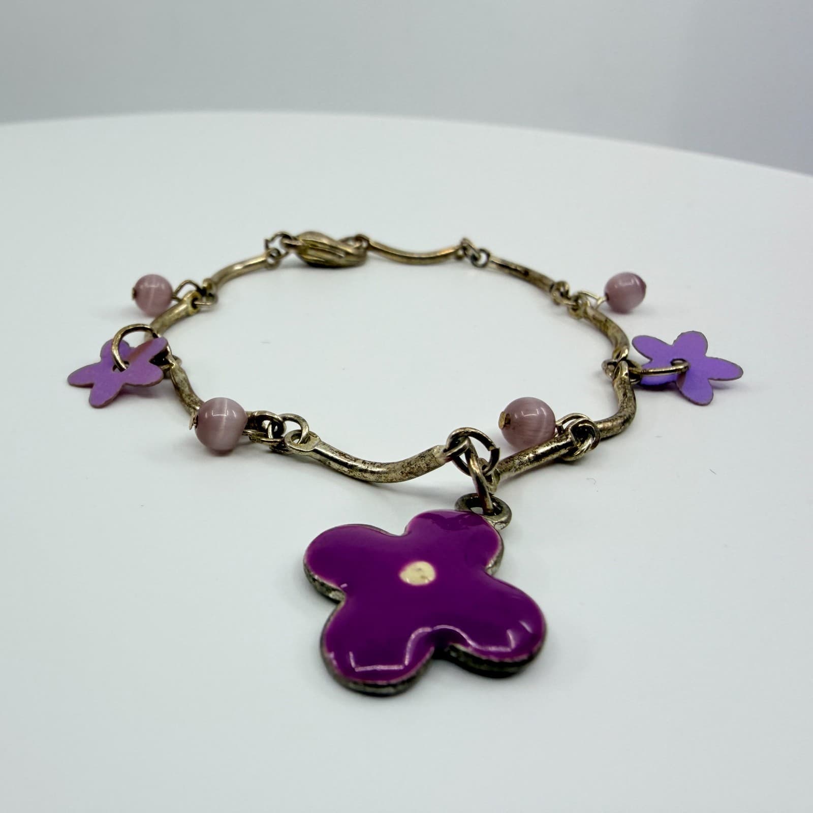 Vintage Gold Tone Jewelry Set Purple Enamel Flower Necklace Bracelet Statement - Thumbnail 3