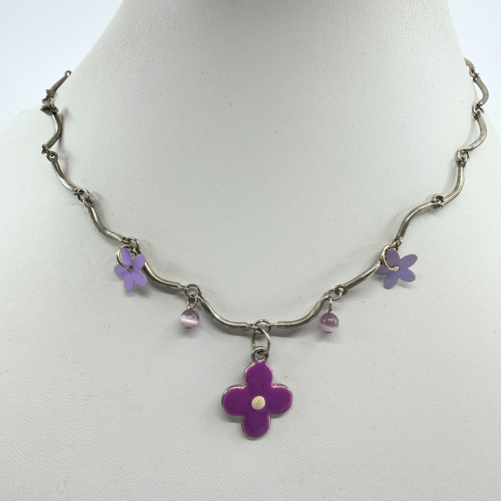 Vintage Gold Tone Jewelry Set Purple Enamel Flower Necklace Bracelet Statement - Thumbnail 8