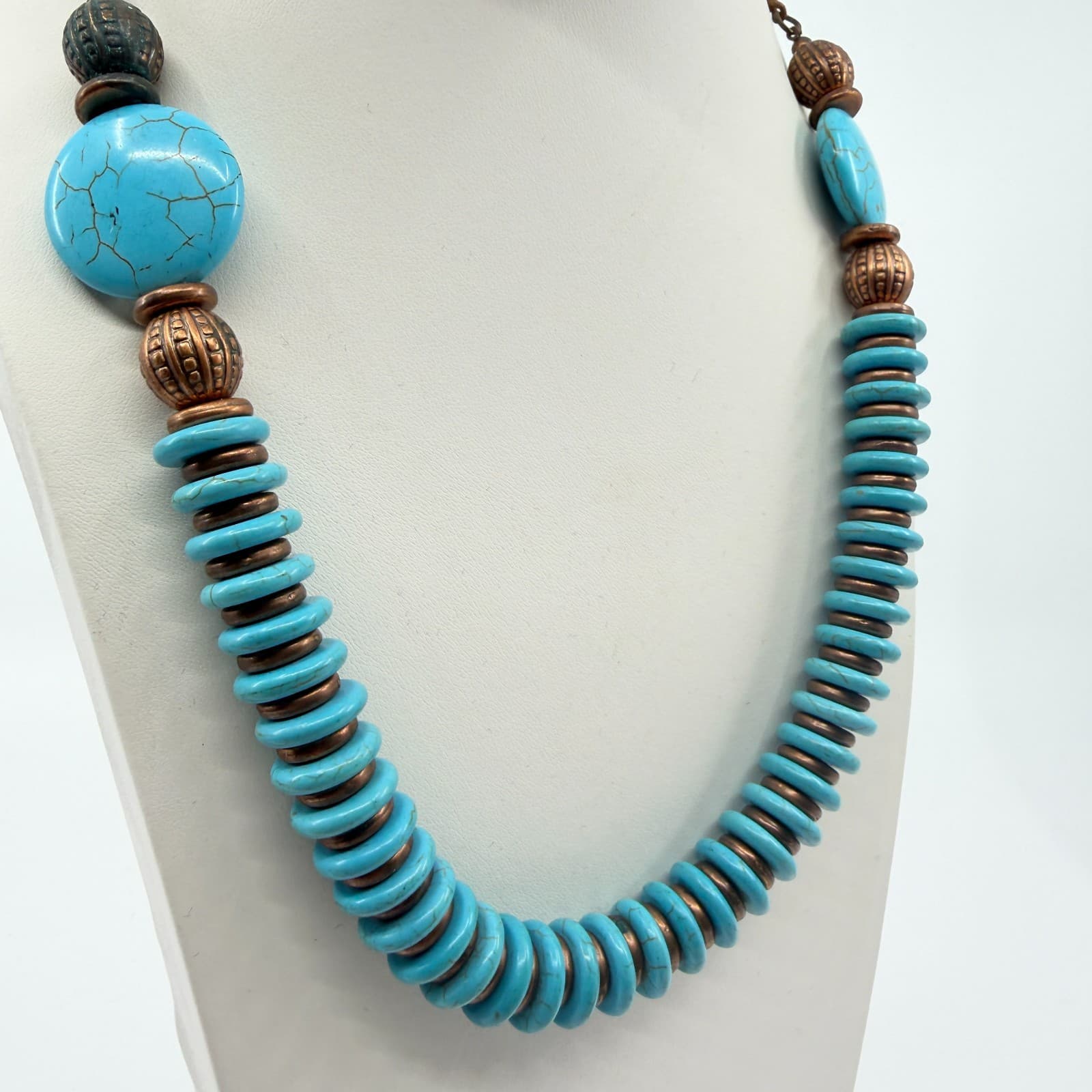 Vintage Copper Tone Bead Strand Necklace Faux Turquoise Disc Spacer Chunky Boho - Thumbnail 2