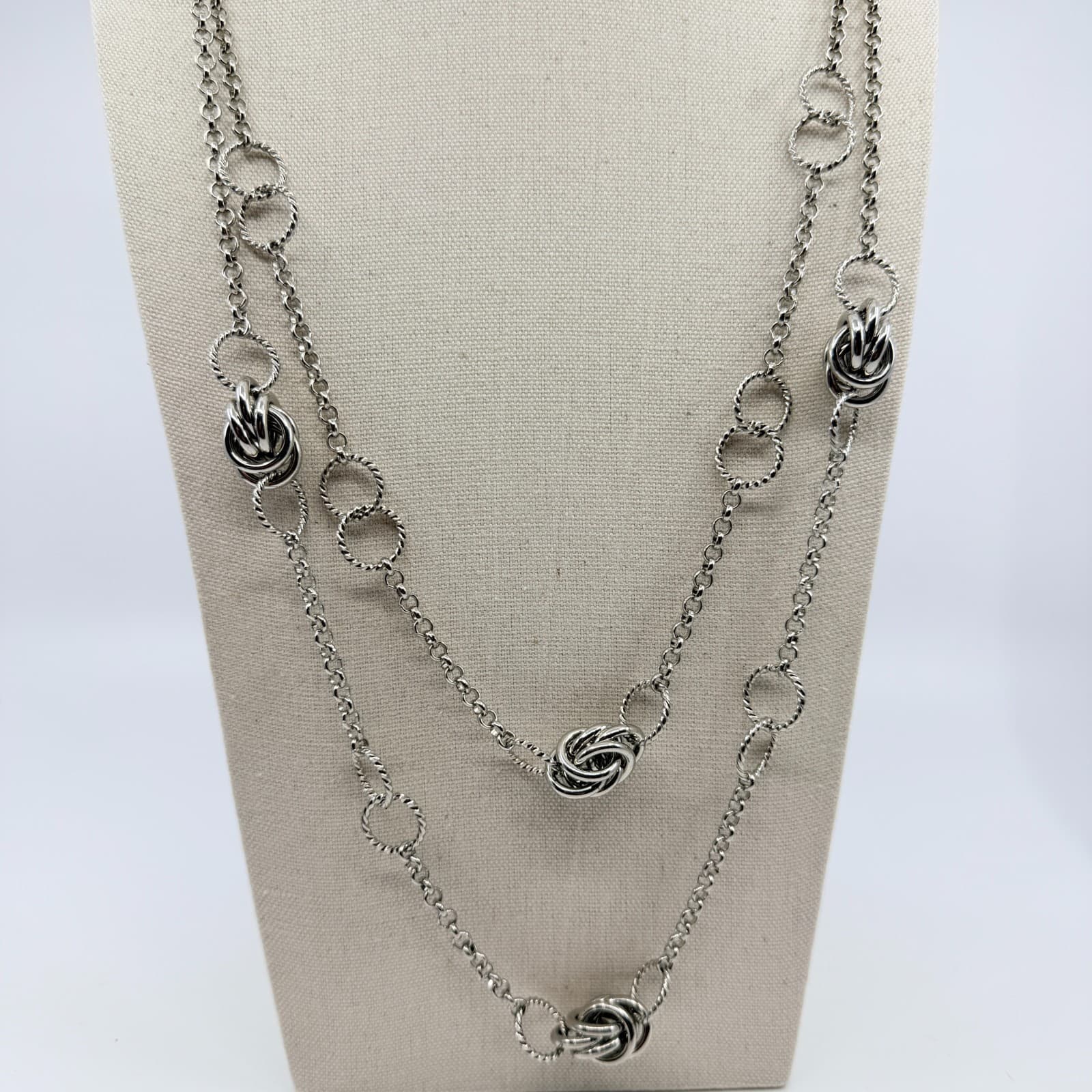 Vintage Silver Tone Long Layered Chain Necklace Textured Love Knot Station Boho - Thumbnail 6