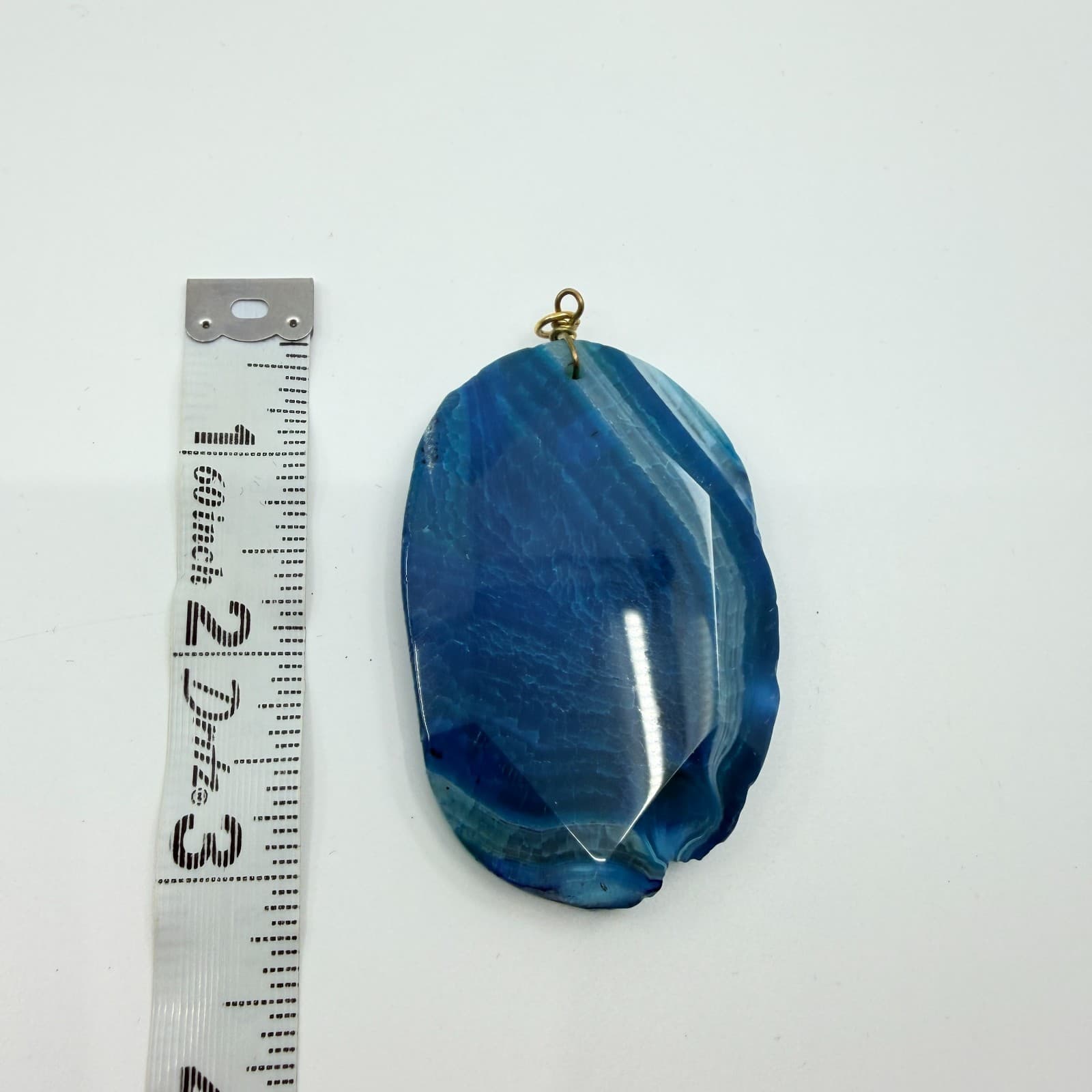 Vintage Blue Agate Style Pendant Large Faceted Oval Slab Marbled Geode Boho Y2K - Thumbnail 8