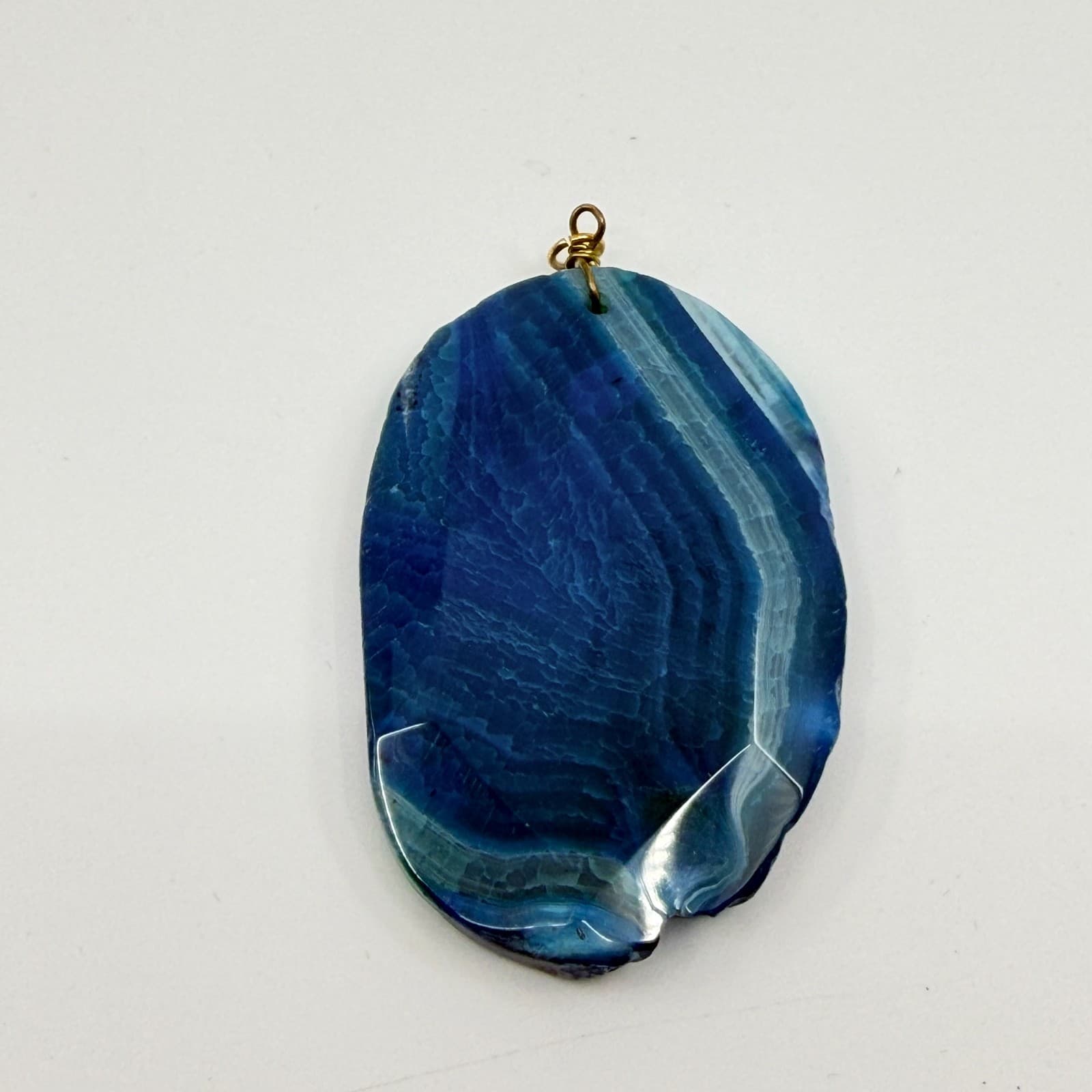 Vintage Blue Agate Style Pendant Large Faceted Oval Slab Marbled Geode Boho Y2K - Thumbnail 2