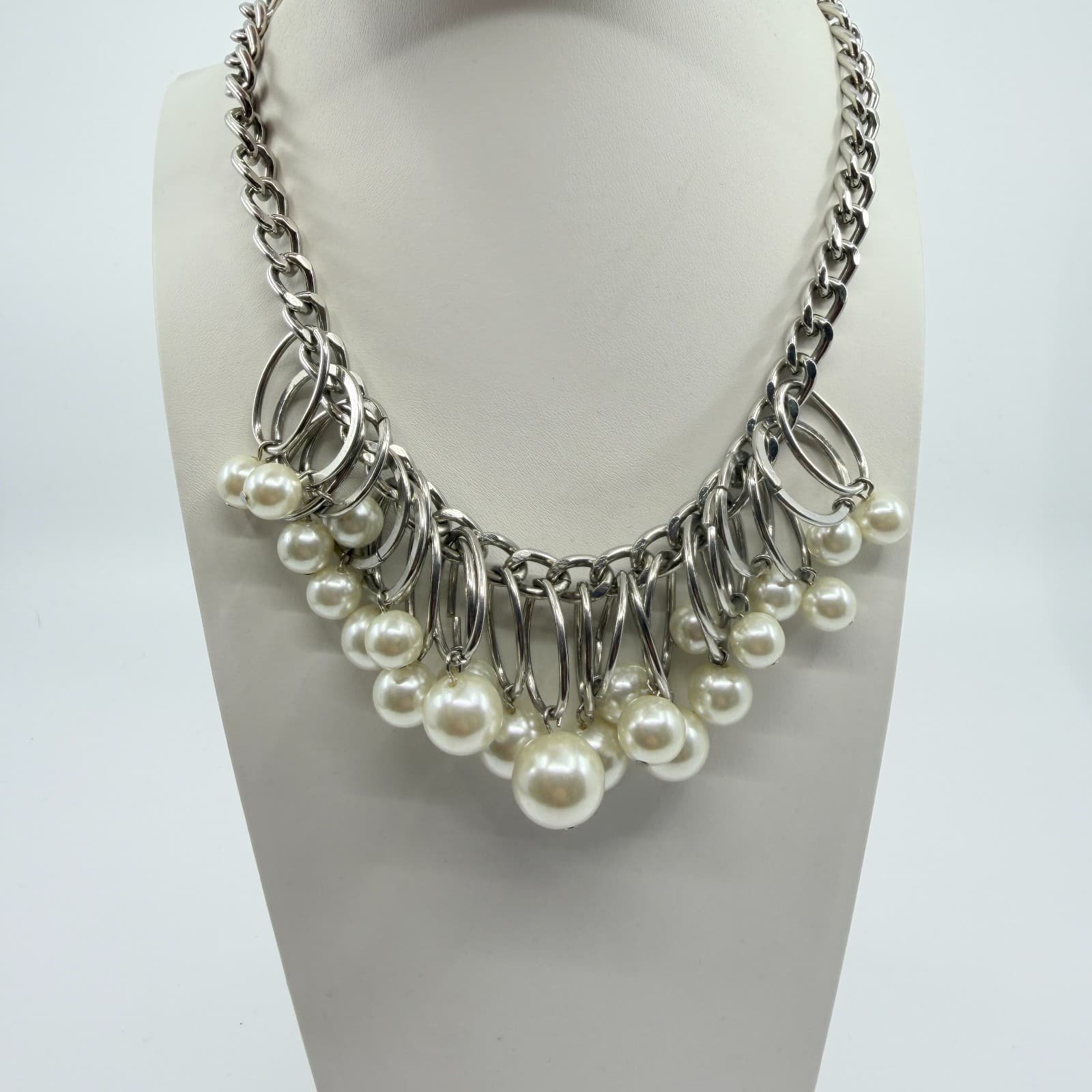 Vintage Silver Tone Chunky Curb Chain Necklace Faux Pearl Hoop Fringe Bib Boho - Thumbnail 7