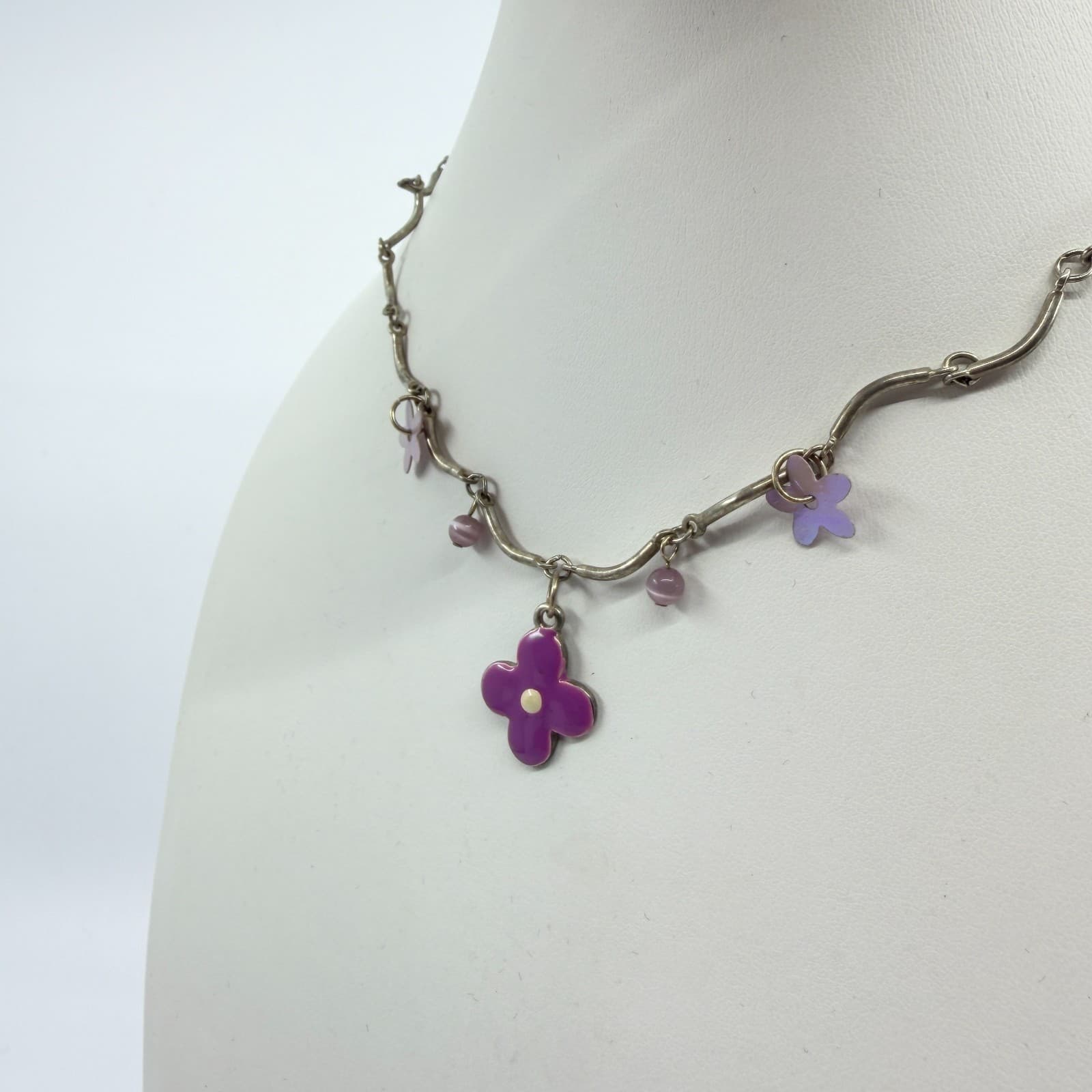 Vintage Gold Tone Jewelry Set Purple Enamel Flower Necklace Bracelet Statement - Thumbnail 12