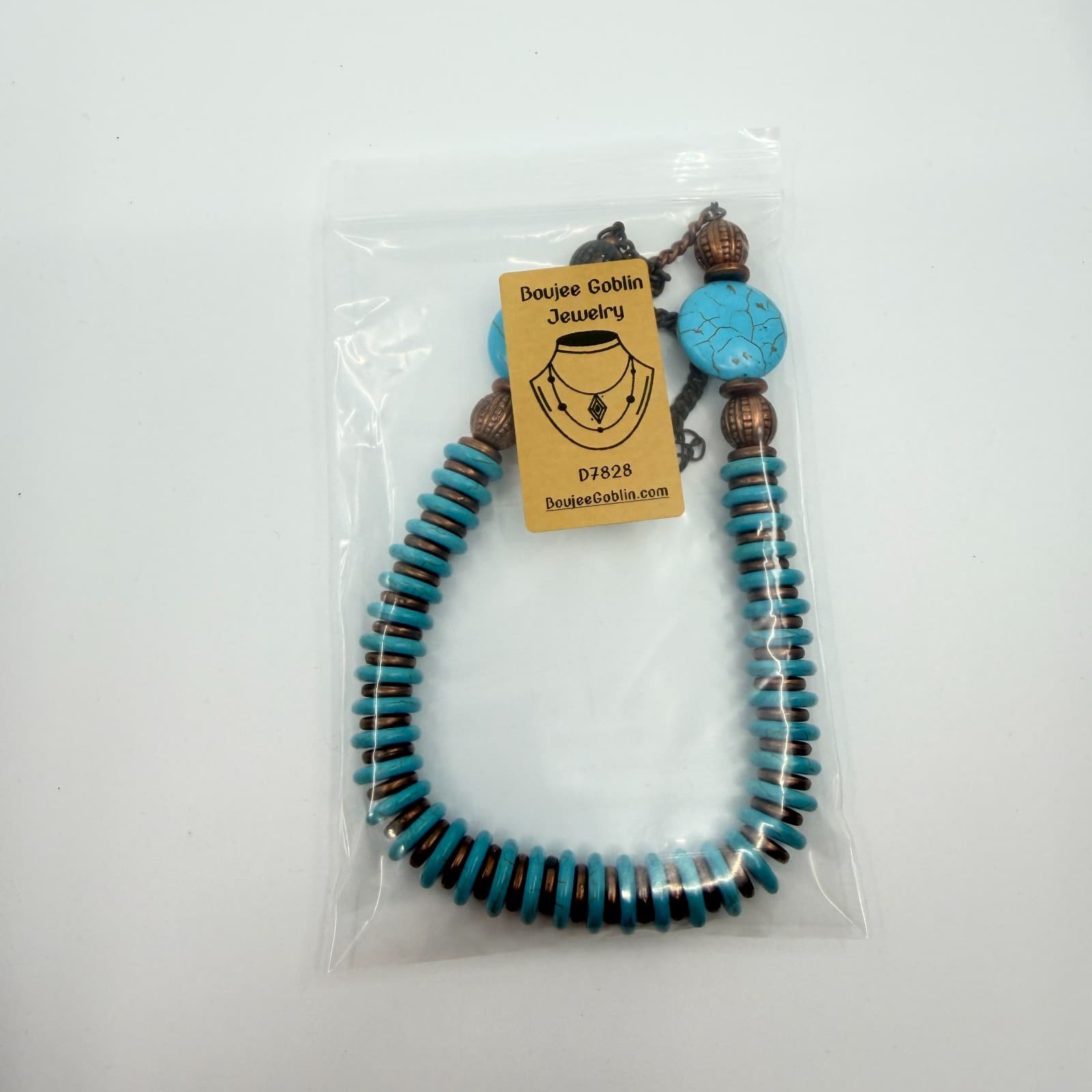 Vintage Copper Tone Bead Strand Necklace Faux Turquoise Disc Spacer Chunky Boho - Thumbnail 8