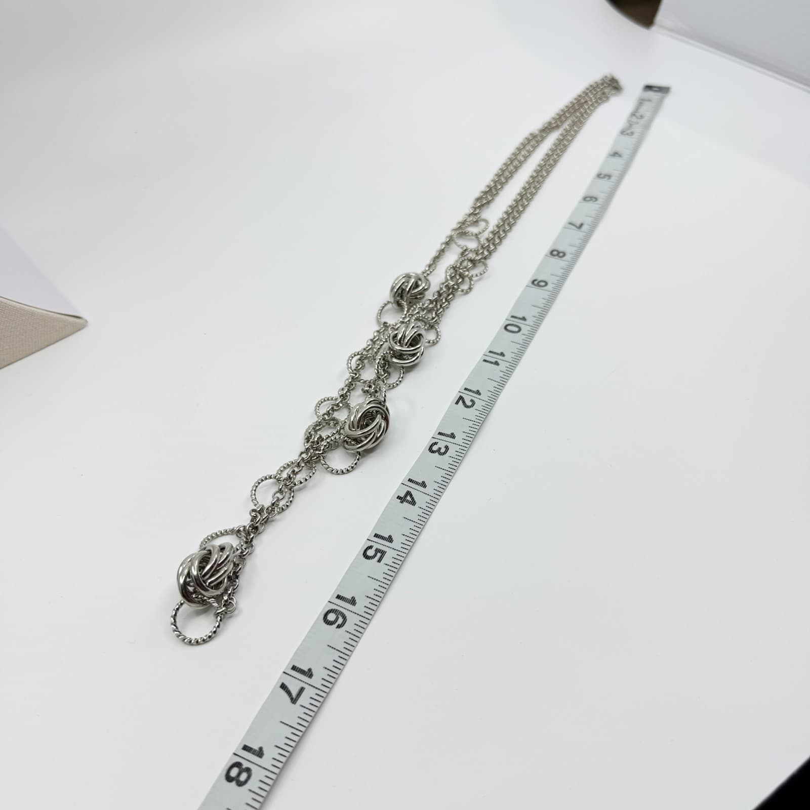 Vintage Silver Tone Long Layered Chain Necklace Textured Love Knot Station Boho - Thumbnail 9