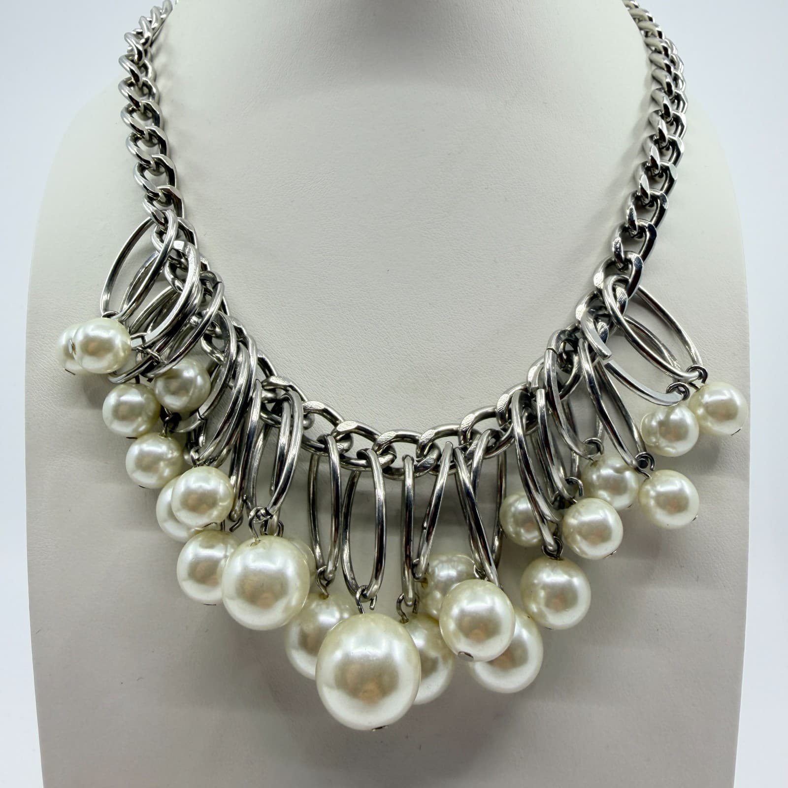 Vintage Silver Tone Chunky Curb Chain Necklace Faux Pearl Hoop Fringe Bib Boho - Thumbnail 2