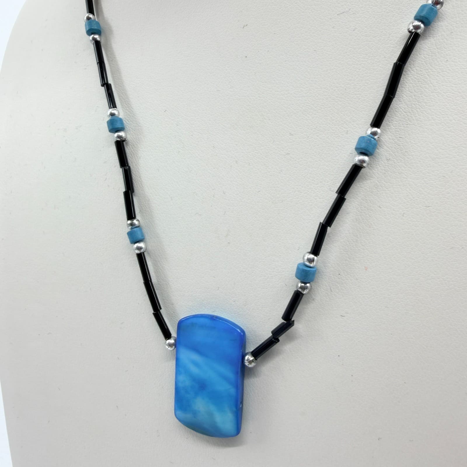 Vintage Silver Tone Blue Block Pendant Necklace Black Bugle Tube Bead Strand 90s - Thumbnail 5