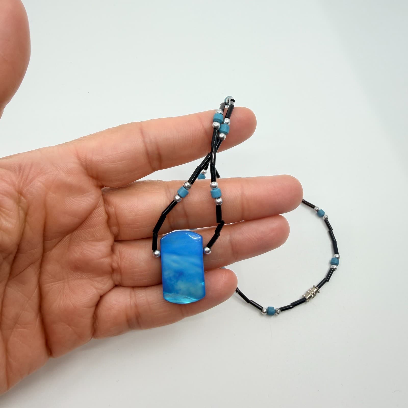 Vintage Silver Tone Blue Block Pendant Necklace Black Bugle Tube Bead Strand 90s - Thumbnail 7